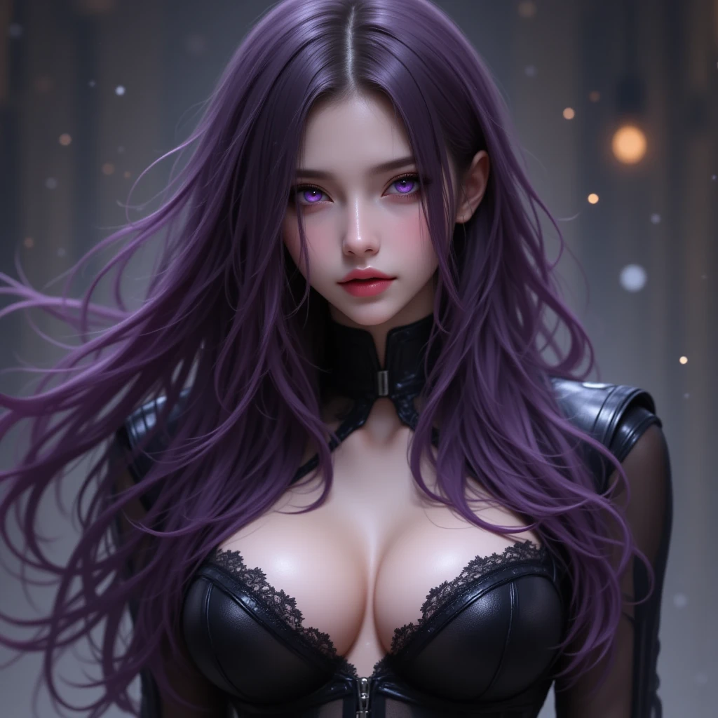 Portrait, beautifully evil goth model with black hair, wearing a tight black dress, staring deep into your eyes with her mesmerizing blue eyes, seductively ???????? with you, hourglass figure, symmetrical figure, highly detailed face, beautiful face, lush lips, wearing black lipstick, smiling, alluring, stunning digital illustration, 8k cosmic elements and ethereal atmosphere