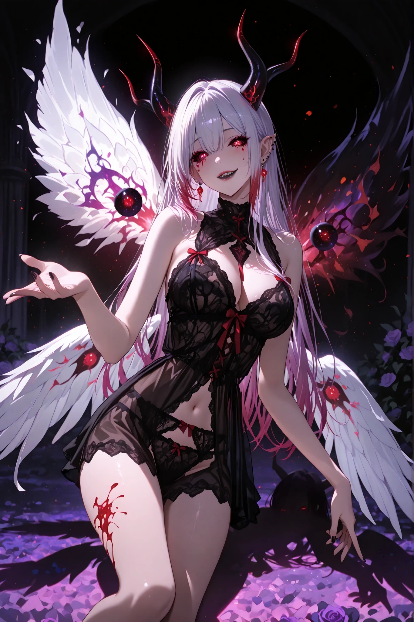 One character, focus on a single character, vibrant colors, silhouette, insane, dark art, madness, bright eyes, wide smile, sharp teeth, detailed teeth, purple theme, glowing horns, two pairs of horns, pair of pointed horns, demonic horns, pair of circular horns, servant horns, yandere, ukaku, four kagunes, gradient kagune, black sclera, 2 pairs of wings, two pairs of angelic wings, right wing with a giant red eye, piercing gaze, two pairs of demonic wings, eye in the middle of the chest, piercing purple eye, ((two pairs of wings)), ((Angel wings)), Demon wings)), Lingerie made of shadows, sensual lingerie, exposed skin, blood ornaments around the waist, blood ornaments around the neck, blood earrings, a transparent spiritual cloak, underwear, sexy lingerie, see-through, white-violet hair, long hair combed to the right side, crimson purple left eye, shadow slit in place of the eye. Right hand, detailed eyes, black lips, red eye makeup, beautiful, elegant, sensual, left hand raised to chest height, black sphere floating above the hand, black sphere with cosmic glow, well-drawn hands, well-detailed hands, full-body character.