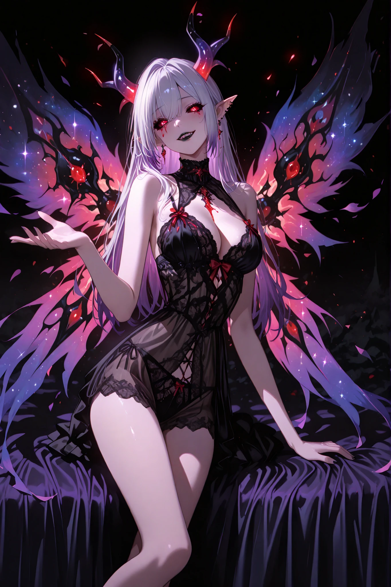Gothic,goth,elf,One character, focus on a single character, vibrant colors, silhouette, insane, dark art, madness, bright eyes, wide smile, sharp teeth, detailed teeth, purple theme, glowing horns, two pairs of horns, pair of pointed horns, demonic horns, pair of circular horns, servant horns, yandere, ukaku, four kagunes, gradient kagune, black sclera, 2 pairs of wings, two pairs of angelic wings, right wing with a giant red eye, piercing gaze, two pairs of demonic wings, eye in the middle of the chest, piercing purple eye, ((longo wings)), ((two pairs of wings)), ((Angel wings)), Demon wings)), Lingerie made of shadows, sensual lingerie, exposed skin, blood ornaments around the waist, blood ornaments around the neck, blood earrings, a transparent spiritual cloak, sexy lingerie, see-through, white-violet hair, long hair combed to the right side, crimson purple left eye, shadow slit in place of the eye. Right hand, detailed eyes, black lips, red eye makeup, beautiful, elegant, sensual, left hand raised to chest height, black sphere floating above the hand, black sphere with cosmic glow, well-drawn hands, well-detailed hands, full-body character.