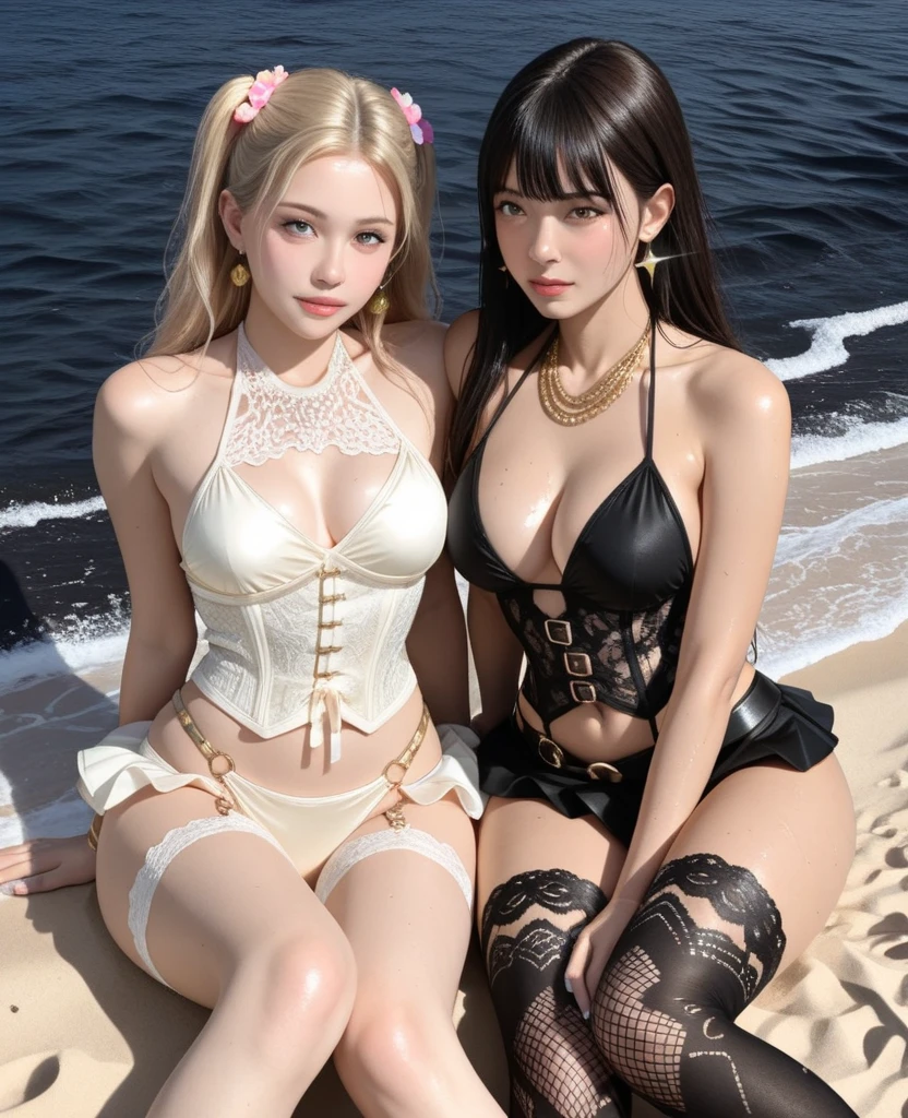 huge boob，Best picture quality，busty figure，Lieyang red lips，Exquisite facial features，Two feminine ???? beauties，Wearing white ???????????????，Wearing black silk fishnet socks，He wore a thick gold chain on his hand，With a collar around the neck，，Wavy blonde，Get wet，high high quality，Wear cat ears on the head，best qualtiy，Tongue kisses each other