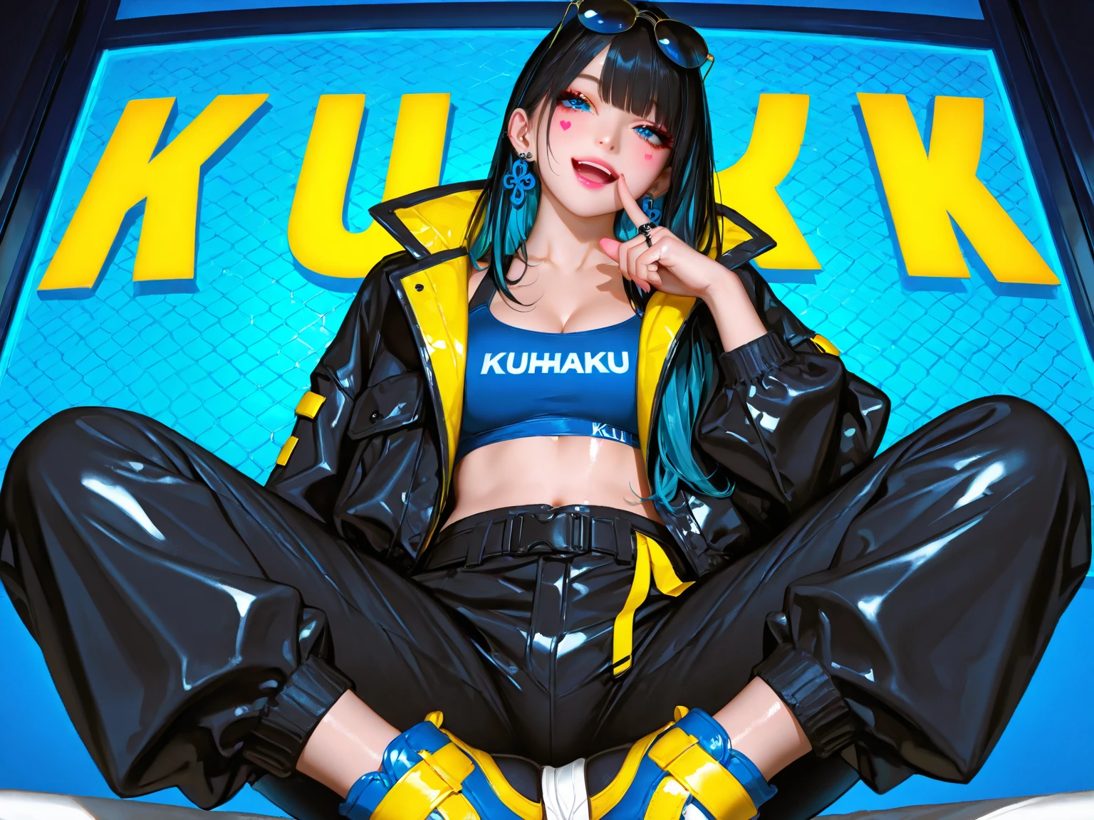 Create a logo with Anime girl character wearing blue hoodie and blue skirt with text KIAN GAMING 