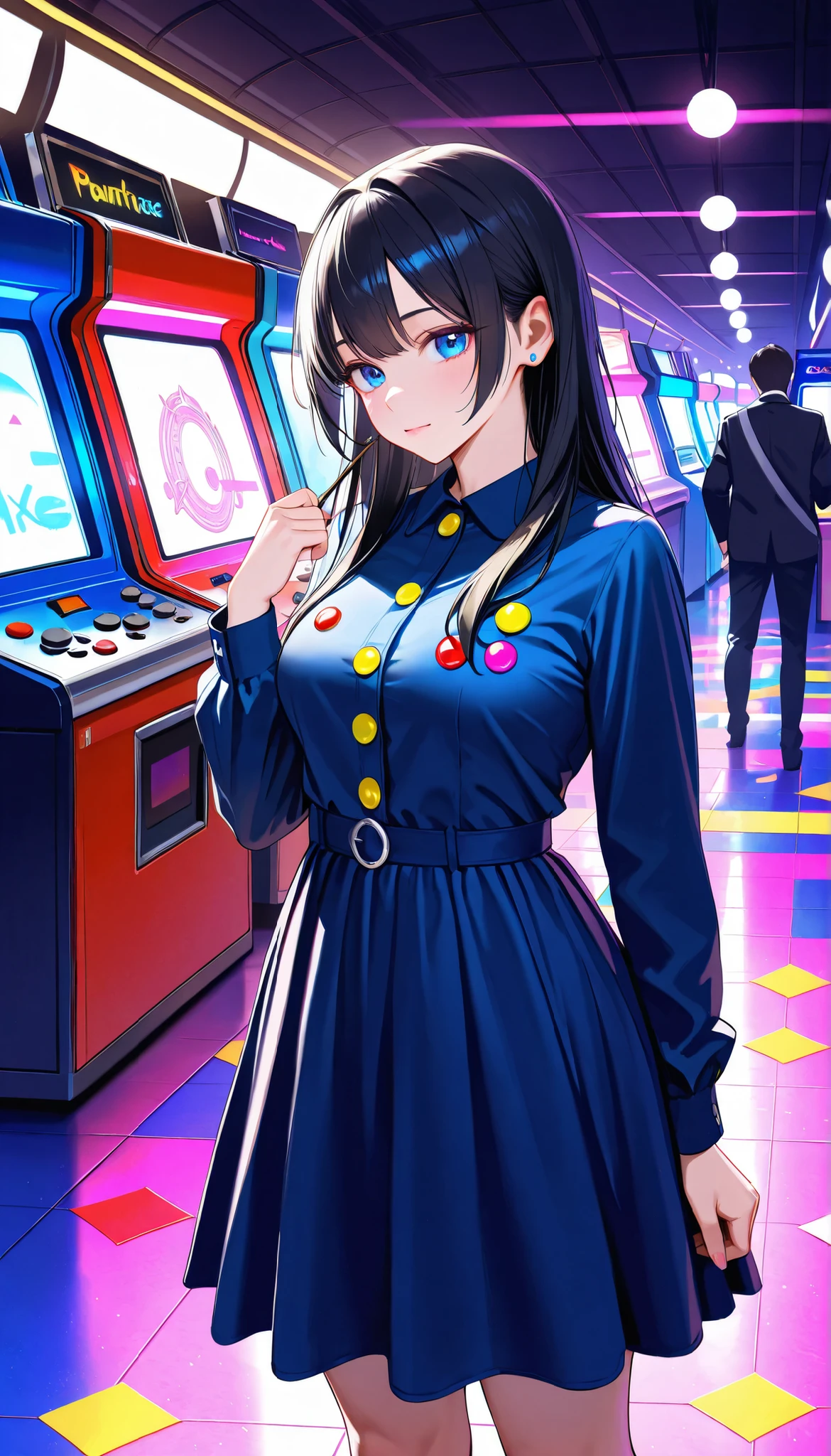 ((Photo RAW), absurdres, (absurd resolution)), ((hyperrealism, photorealistic)), (Top quality, 16K, masterpiece, ultra detailed) (Beautiful girl ,  21 years old), (blue eyes), (black hair), (made-up), (Outfit: dress, Pantantalones), (standing next to an Arcade, machine painted with yellow dragees and ghosts, colorful buttons), (bottom: local Arcades), colorful floor, neon, volumetric lighting, (Photographic Perspective).  “SunPuma S” 