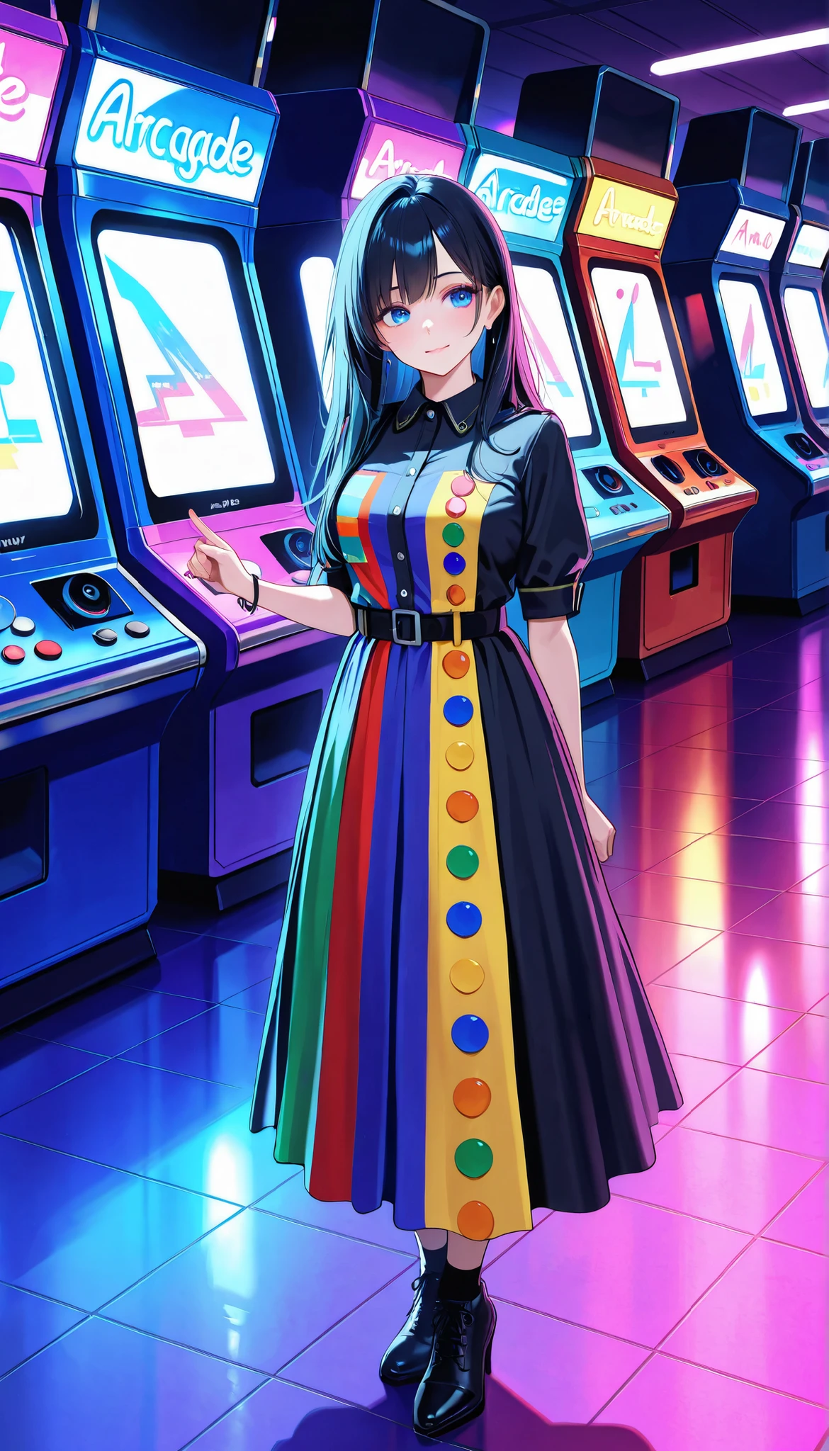 ((Photo RAW), absurdres, (absurd resolution)), ((hyperrealism, photorealistic)), (Top quality, 16K, masterpiece, ultra detailed) (Beautiful girl ,  21 years old), (blue eyes), (black hair), (made-up), (Outfit: dress, Pantantalones), (standing next to an Arcade, machine painted with yellow dragees and ghosts, colorful buttons), (bottom: local Arcades), colorful floor, neon, volumetric lighting, (Photographic Perspective).  “SunPuma S” 