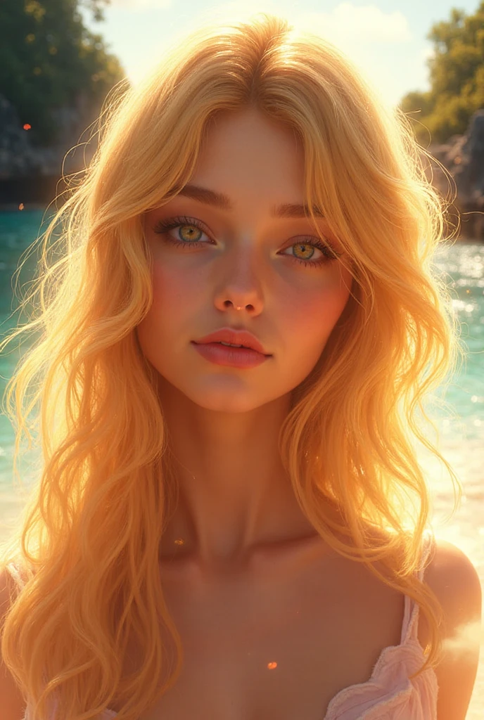 Stylé de dessin du manga one piece, femme d’une vingtaine d’années, blonde, cheveux ondulée, aux yeux violets