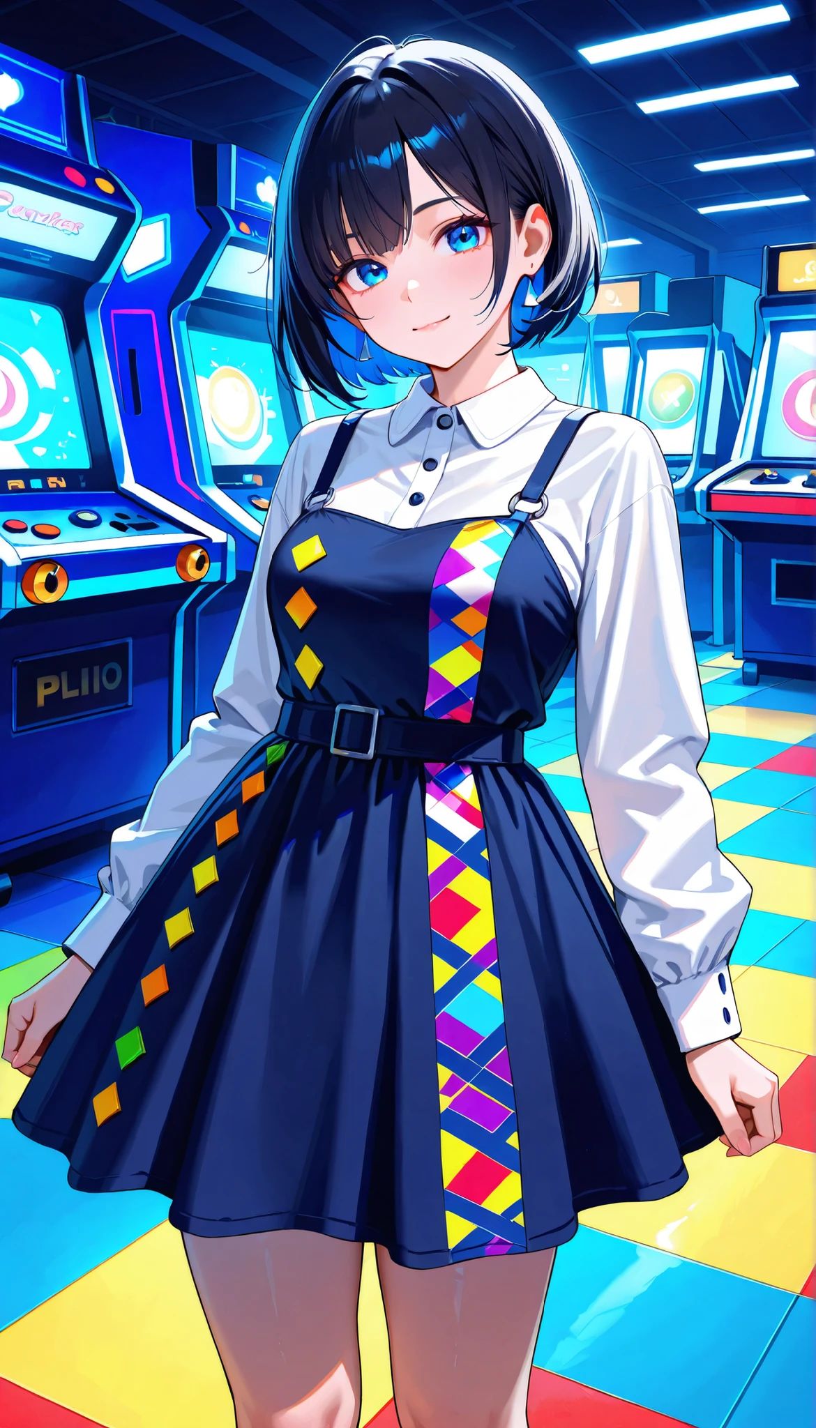 ((Photo RAW), absurdres, (absurd resolution)), ((hyperrealism, photorealistic)), (Top quality, 16K, masterpiece, ultra detailed) (Beautiful girl , 21 years old), (blue eyes), (black hair), (made-up), (Outfit: dress, Pantantalones), (standing next to an Arcade, machine painted with yellow dragees and ghosts, colorful buttons), (bottom: local Arcades), colorful floor, neon, volumetric lighting, (Photographic Perspective). “SunPuma S”