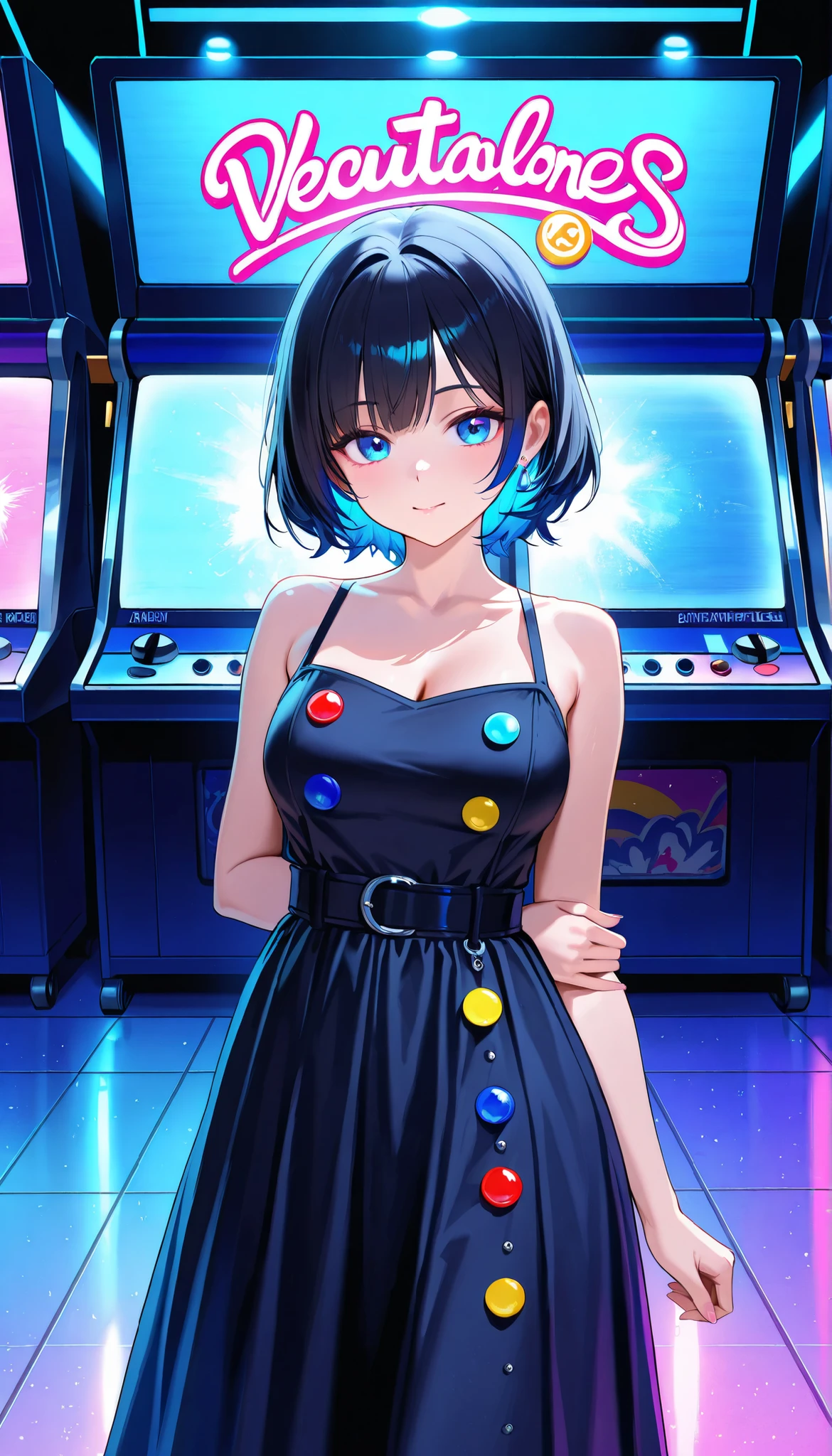 ((Photo RAW), absurdres, (absurd resolution)), ((hyperrealism, photorealistic)), (Top quality, 16K, masterpiece, ultra detailed) (Beautiful girl ,  21 years old), (blue eyes), (black hair), (made-up), (Outfit: dress, Pantantalones), (standing next to an Arcade, machine painted with yellow dragees and ghosts, colorful buttons), (bottom: local Arcades), colorful floor, neon, volumetric lighting, (Photographic Perspective).  “SunPuma S” 
