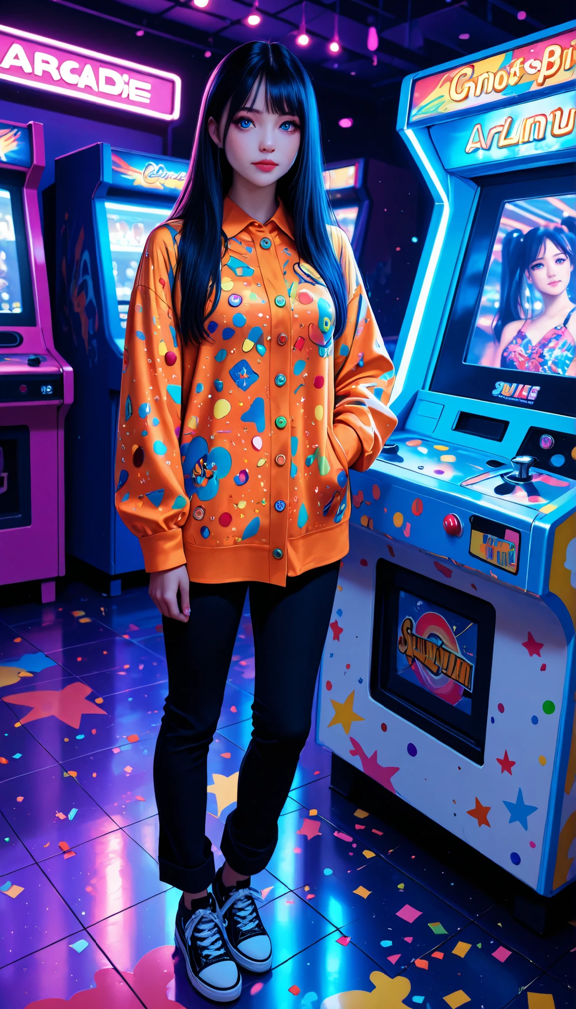((RAW Photo), Absurdities, (Absurd Resolution)), ((Hyperrealism, Photorealism)), (Maximum Quality, 16k, Masterpiece, Ultra Detailed) (beautiful girl, 21 years old), (blue eyes), (black hair), (wearing makeup), (outfit: dress, pants), (standing next to an arcade machine, painted with yellow sprinkles and ghosts, colorful buttons), (background: arcade), colorful floor, neon, volumetric lighting, (Photographic Perspective). «SunPuma S»