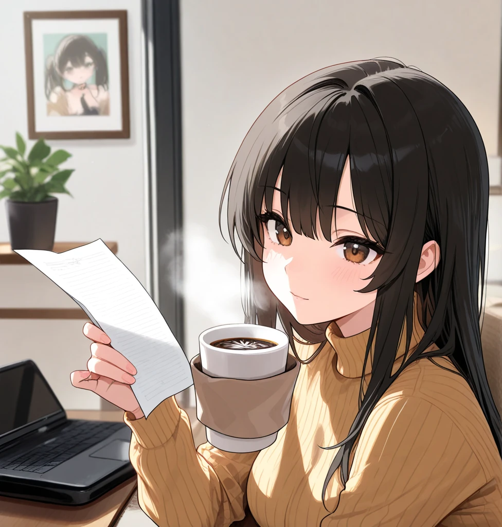 Girl, black hair, older sister, tie her hair in a ponytail and laugh at the speaker, high-quality picture, masterpiece, beautiful girl, cafe,