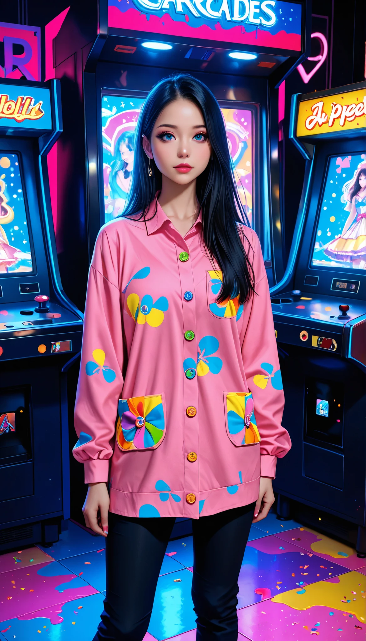((RAW Photo), Absurdities, (Absurd Resolution)), ((Hyperrealism, Photorealism)), (Maximum Quality, 16k, Masterpiece, Ultra Detailed) (beautiful girl, 21 years old), (blue eyes), (black hair), (wearing makeup), (outfit: dress, pants), (standing next to an arcade machine, painted with yellow sprinkles and ghosts, colorful buttons), (background: arcade), colorful floor, neon, volumetric lighting, (Photographic Perspective). «SunPuma S»