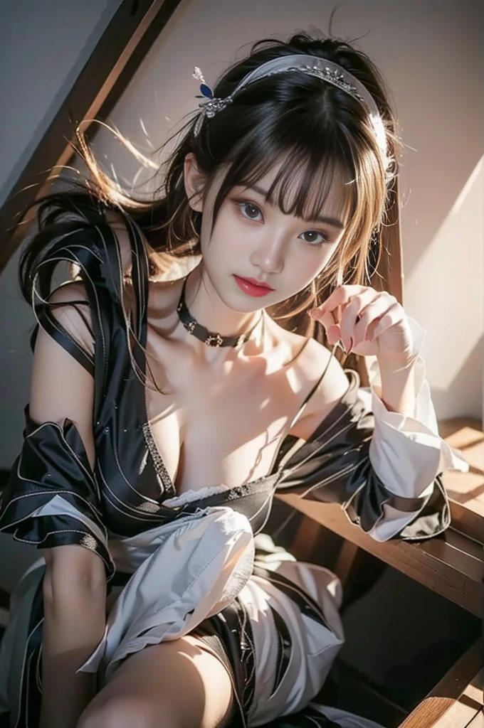 ((32k:1.5, Highest quality, masterpiece, Ultra-high resolution), Perfect dynamic composition, Professional camera work:1.6, Highly detailed skin and face textures:1.3, Mysterious portrait:1.2, Very accurate, Very detailed, One Girl, ((Night view from the rooftop, The moonlight at night illuminates my body)), (Black Satin Nightgown:0.5), Incredibly slim body, Very beautiful face, (Big eyes that exude beautiful :0.9, A dreamy look:1.0, I love you with all my heart:0.8, Please open your mouth a little, lipstick, Feel the beautiful :0.7), (Wet dark brown medium length hair), Candles, The chest is medium, Earrings, necklace, bracelet, Tilt, get up, ((attractive, Hair blowing in the wind))