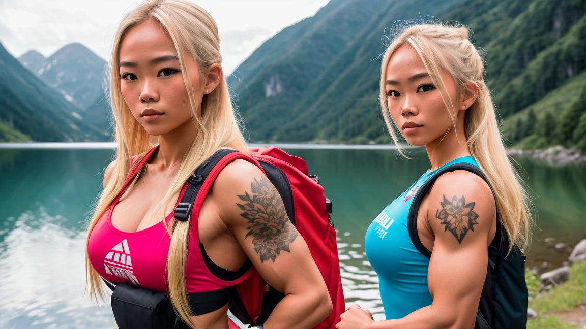 a beautiful young Thai woman with blond hair and a bodybuilder physique, as a female warrior on the beach, smile, cinematic, Key light, backlight, natural lighting, photography 400 ISO film grain 30mm lens RAW aperture f1.8, art photographer, intricate