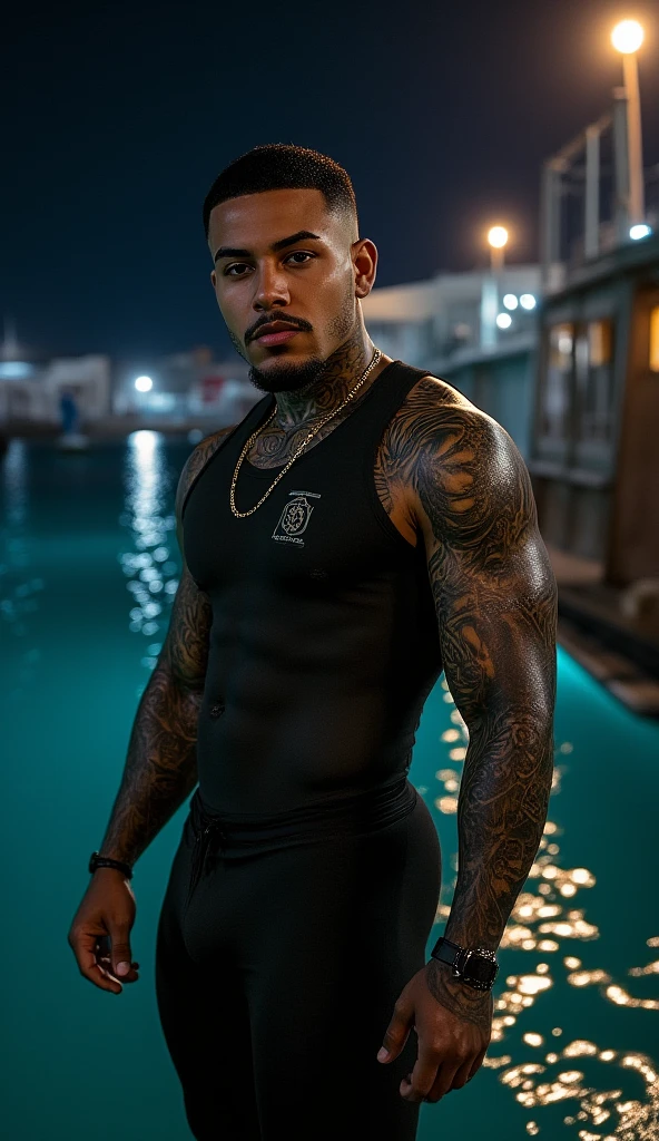 An 25-year-old philippines muscular male model, a handsome hunk with messy short flat hair, smiling at the camera, with well-developed muscles and a strong body. He was , wearing a tight black leather  with a bulging crotch,  pubic hair and a serious look on his face. Standing in the swimming pool, he had handsome features and a delicate face. On his body, he has a naturally tall and straight figure, a handsome face, exquisite and beautiful details, a cute face, bright skin, a beautiful and harmonious face, beautiful and harmonious eyes, 8K, high quality, masterpiece