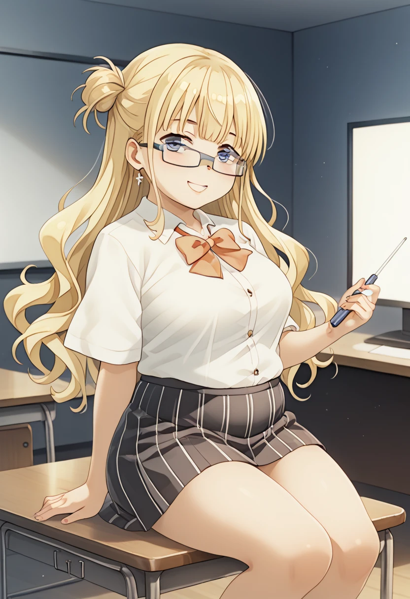 <lora:CleanAnime - [Enchanter] - IllustriousXL v4.0:1>, 1girl, solo, 1girl, solo, teacher, blackboard, glasses, pencil skirt, high heels, holding book, warm smile, classroom setting