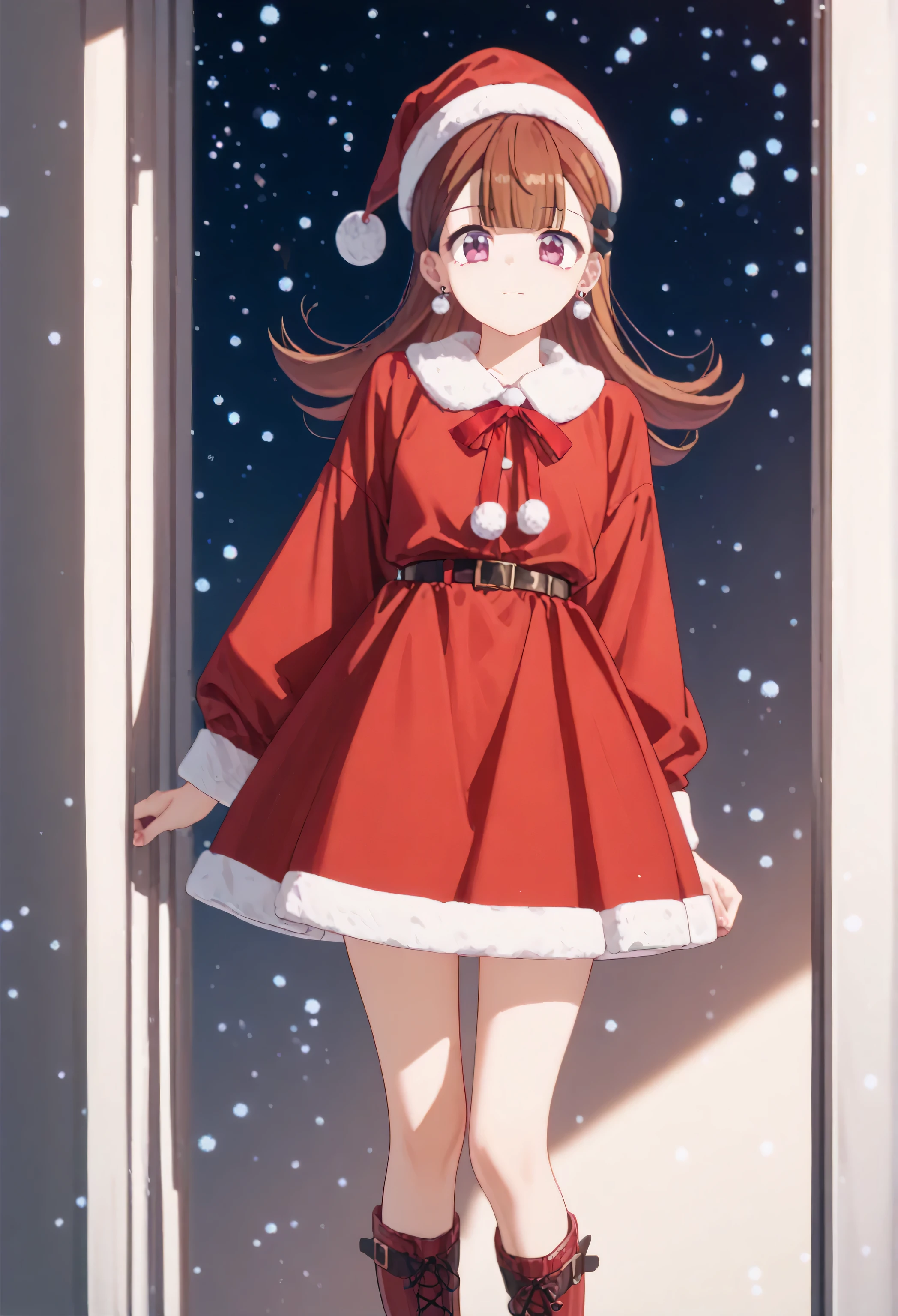 Christmas, 1girl, Alone, red santa dress, Santa hat,dress, looking at viewer, Jewelry, Red ribbon, bangs, earrings, boots, Ren Yamai , long hair, bangs, brown hair, pink eyes, hair ornament, hair clip,