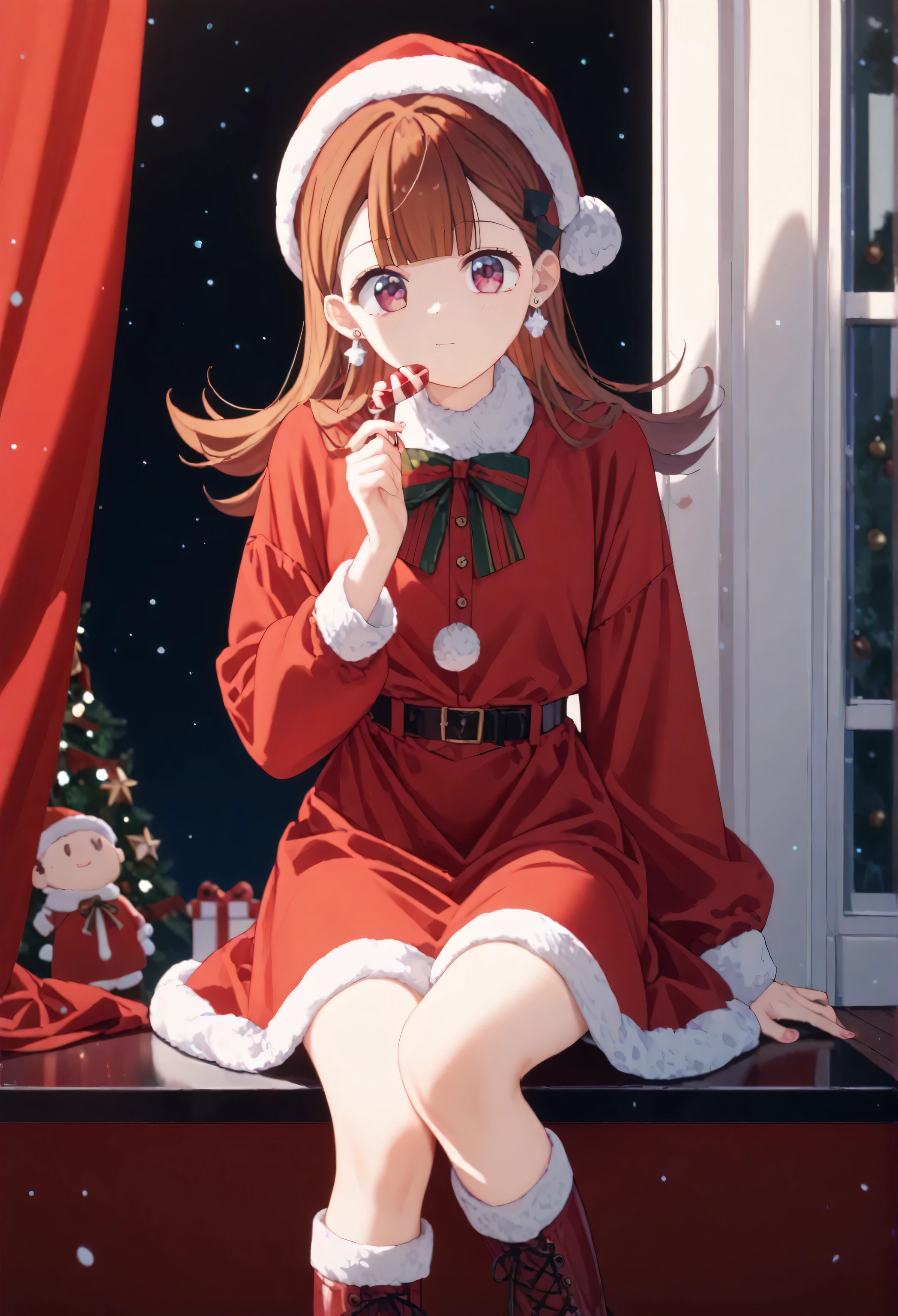 Christmas, 1girl, Alone, red santa dress, Santa hat,dress, looking at viewer, Jewelry, Red ribbon, bangs, earrings, boots, Ren Yamai , long hair, bangs, brown hair, pink eyes, hair ornament, hair clip,