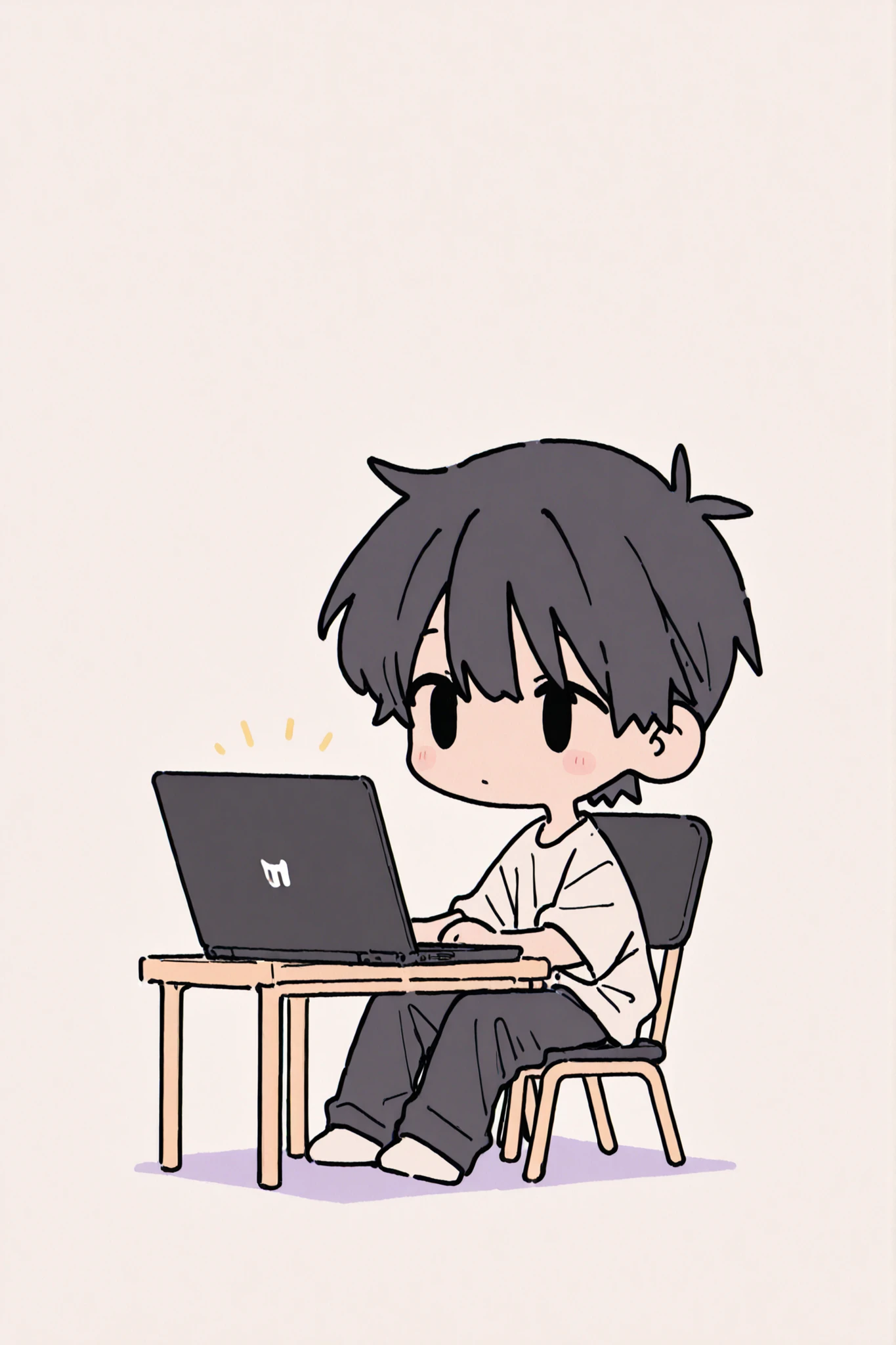 solo, chibi only, chibi,1man, anime style, plain white Long T-shirt、black pants, soft finish with pastel colors、white background, soft lighting, flat color with clean lines, Stylish, Minimalistic Design, top quality, masterpiece,short black hair, Monotone, no background, men's short hair, I'm sitting on a chair and working on a black laptop,