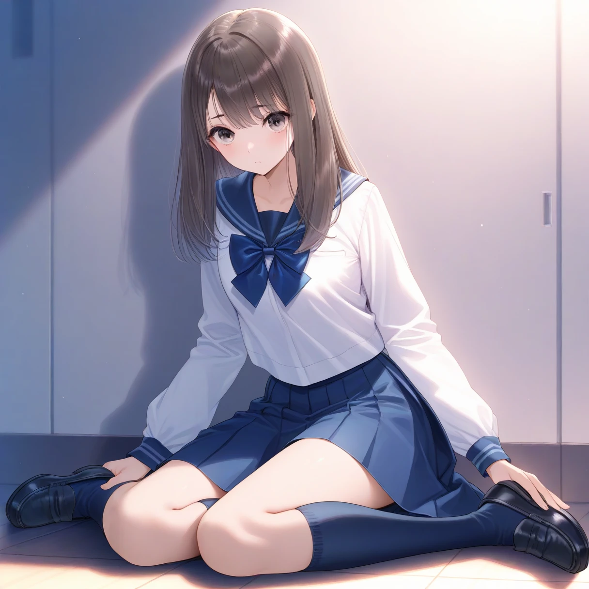 masterpiece, highres,best quality,<lora:kasuga shiho-Ill-001:1>, kasuga shiho, 1girl, solo,skirt, school uniform, socks, kneehighs, shoes, blue bow, loafers, pleated skirt, black footwear, long sleeves, serafuku, shirt, sailor collar, blue socks, blue skirt, blue sailor collar, blue bowtie, white shirt, bowtie, black socks