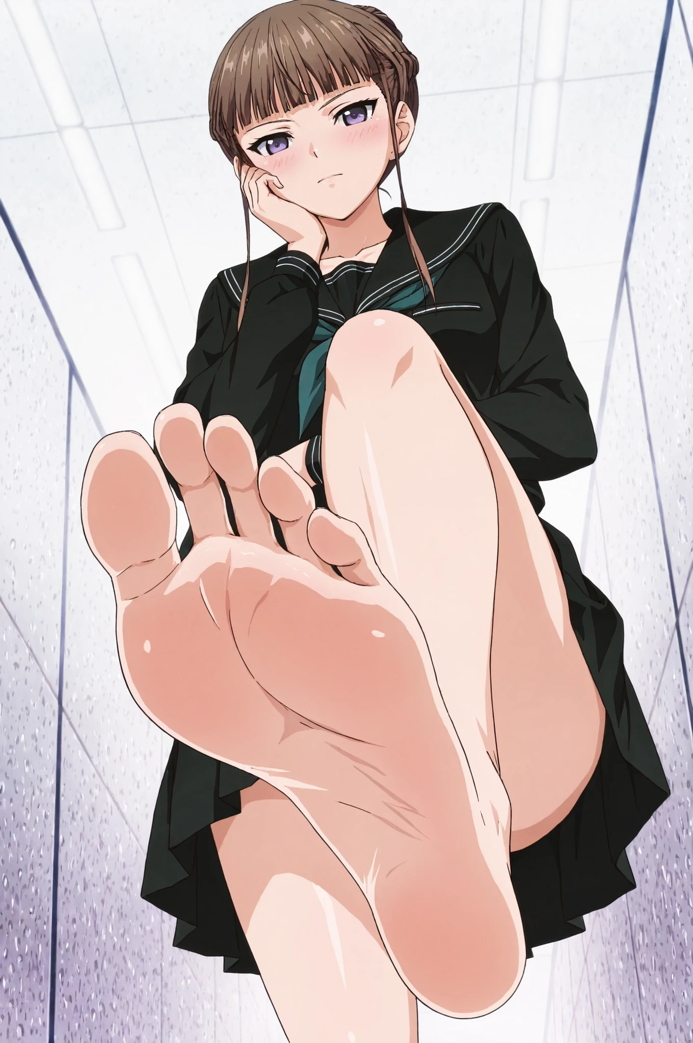 masterpiece,high score,great score,absurdres,anime coloring,looking at viewer,solo,,white background, nemumanaka, brown hair, hair bun, sidelocks, purple eyes,black serafuku,,, ,with the anime-style illustration emphasizing quiet stillness through meticulous lighting and texture details. ,soft lighting, anime style, masterpiece,beautiful, emotional,, cool color palette, beautiful illustration,,masterpiece, best quality, amazing quality, anime screencap,static pose, ,Alone,,barefoot,egyptian feet,each foot has exactly five toes, ,  detailed feet, natural skin tone, realistic anatomy,perfect feet,toe spreading, subtle wrinkles of  Soles ,standing,one leg extend forward,close_up sole,foot focus,hand on own cheek,blush,looking away