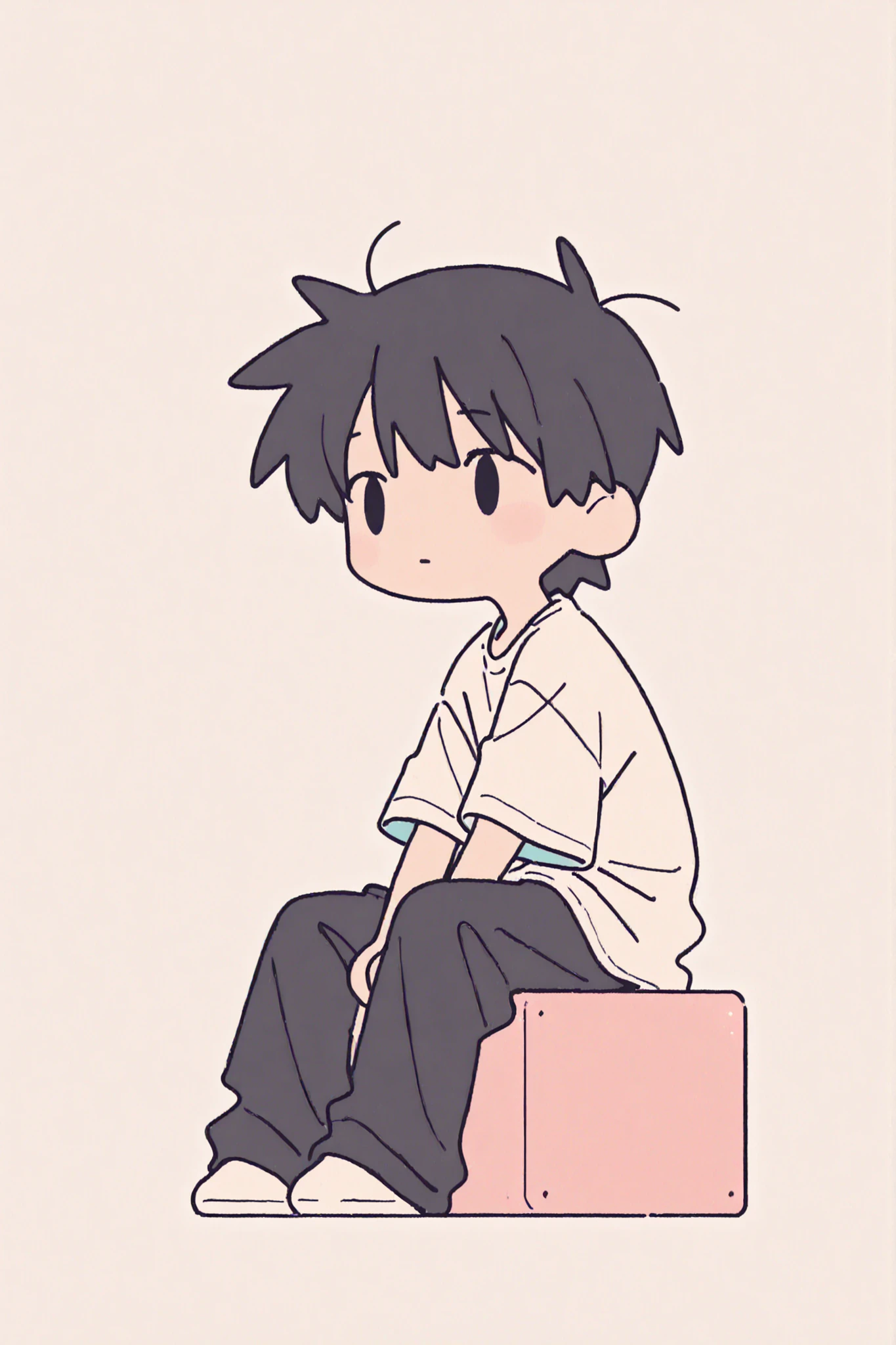 solo, chibi only, chibi,1man, anime style, plain white Long T-shirt、black pants, soft finish with pastel colors、white background, soft lighting, flat color with clean lines, Stylish, Minimalistic Design, top quality, masterpiece,short black hair, Monotone, no background, men's short hair, Sitting seated and reflecting,