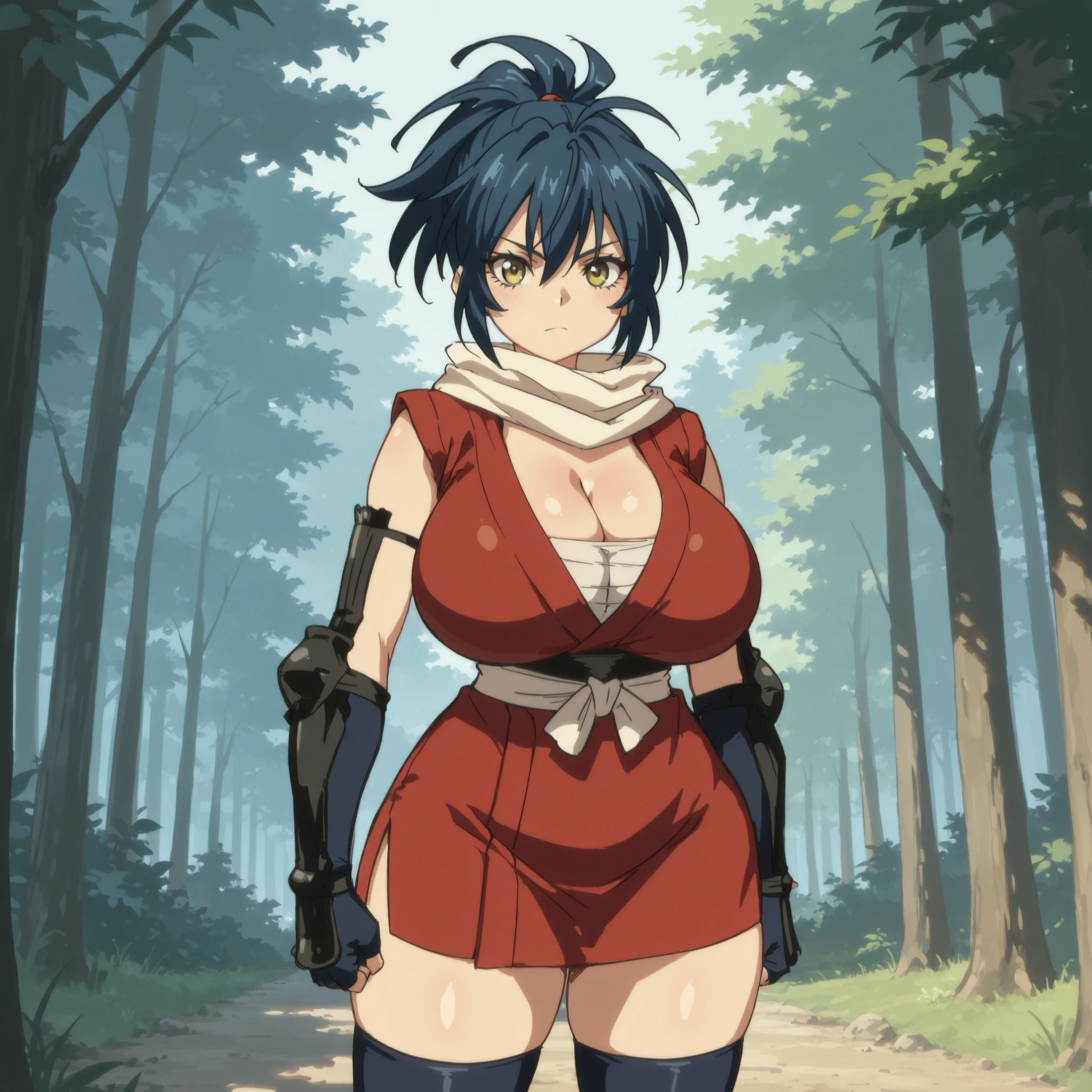 masterpiece, ultra-HD, impressionism, high detail, best quality, very aesthetic, 8K, best quality, beautiful, ultra-high resolution, 32K UHD, sharp focus, 1girl, solo, Manyuu Chifusa, long blue hair, ponytail, almond-shaped eyes, yellow eyes, eyelashes, black eyeliner, , narrow waist, wide , thick thighs, shapely legs, slim, red kimono, sleeveless, cleavage,  bandages, white ribbon obi, black thigh high socks, white scarf, black fingerless gloves, blushed, serious, cute, standing, looking at the viewer, forest background, front view