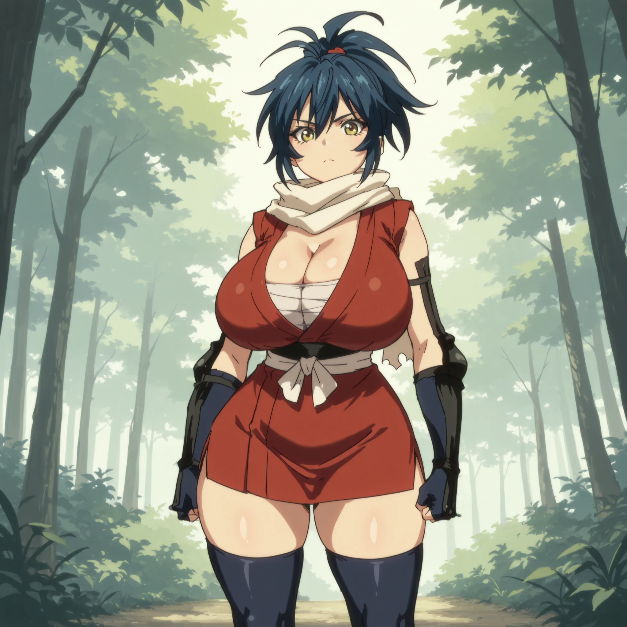masterpiece, ultra-HD, impressionism, high detail, best quality, very aesthetic, 8K, best quality, beautiful, ultra-high resolution, 32K UHD, sharp focus, 1girl, solo, Manyuu Chifusa, long blue hair, ponytail, almond-shaped eyes, yellow eyes, eyelashes, black eyeliner, , narrow waist, wide , thick thighs, shapely legs, slim, red kimono, sleeveless, cleavage,  bandages, white ribbon obi, black thigh high socks, white scarf, black fingerless gloves, blushed, serious, cute, standing, looking at the viewer, forest background, front view
