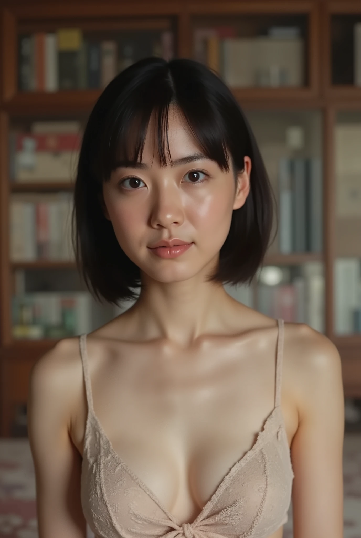 (( premium quality, 8k )), ((masterpiece)), ( details), 、dark hair, Japanese Girl, first-person view ,One Woman, thin girl, petite girl , sexy,( full nude, in the bedroom),((( very large breasts, full nude, beautiful breasts, short bob hair , dark hair))), ((dark hair )) , (( No Decorations, no accessories, full nude, without makeup))