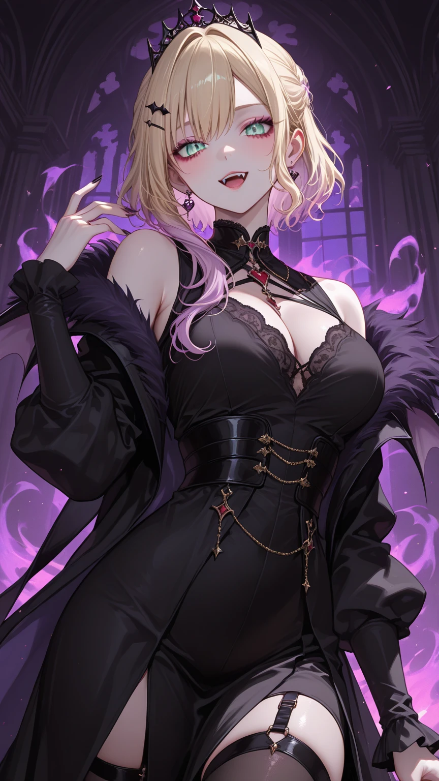 ((Highest quality)), ((masterpiece)), (detailed), （Perfect Face）、The woman is Yuuki Asuna, with medium-long brown hair and a gorgeous jeweled black dress with a vampire cloak draped over it.