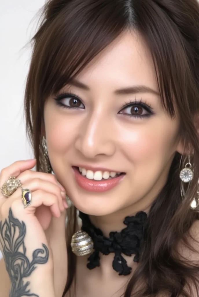 masterpiece、high image quality、Woman's upper body。apply makeup centered on black purple。lips are black lipstick、Black lipstick。apply makeup close to goth makeup。dark black-purple eyeshadow all over her eyes。the edge of the eye is black, dark eyeliner。Flashy blush。black collar-like choker with precious accessories around her neck、I have big ring earrings on my ears、Woman smiling gently、A traditional tattoo with the image of a spider is engraved on the lower part of the neck。I wear an ultra-micro bra that looks like a black stocking on my ?????、I have an indecent ?????? pubic tattoo on my arm。