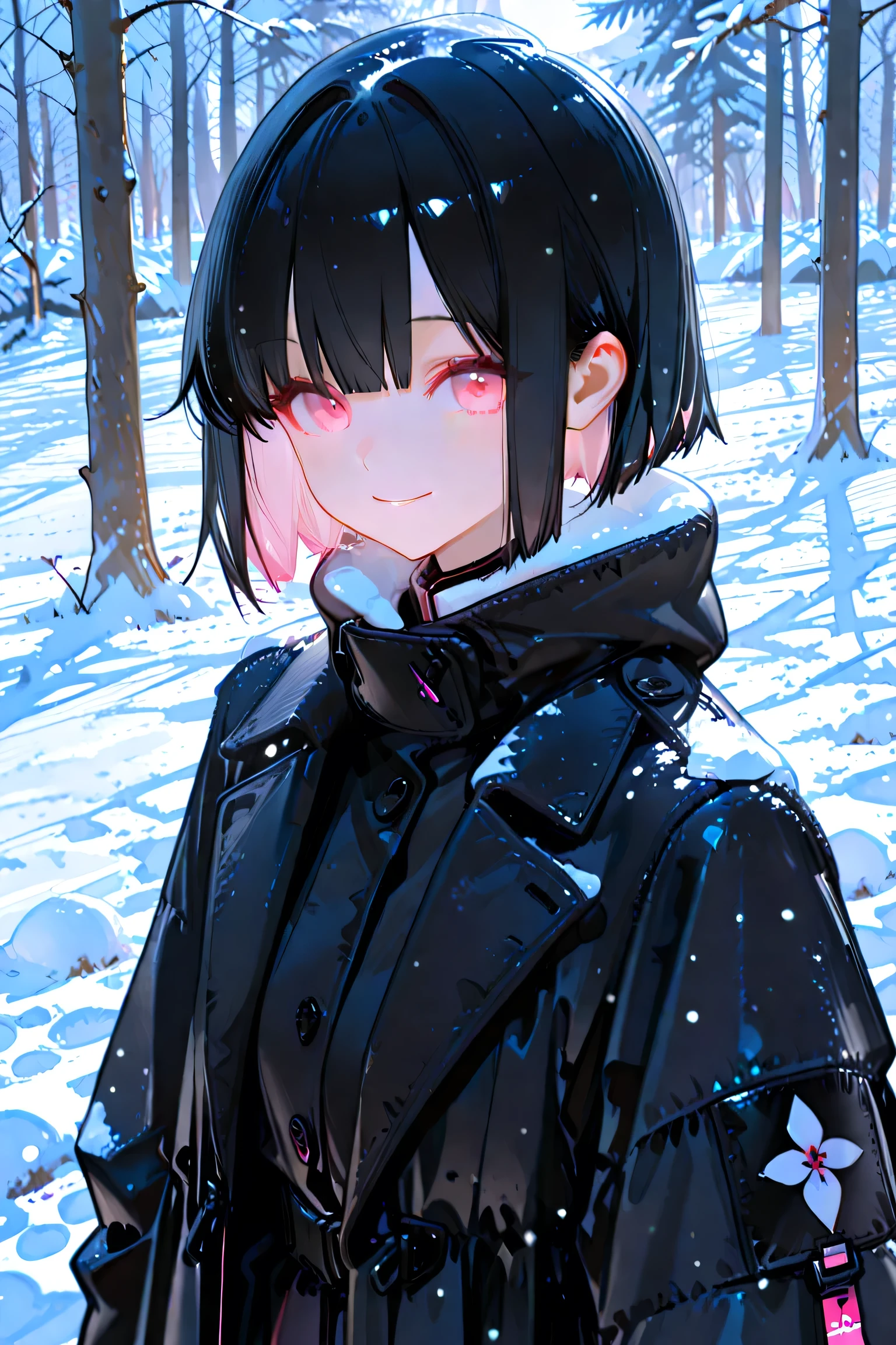 red color eyes, Black color hair, Black platform boots, short detailed hair, black thigh socks, hair on one eye, black black jacket, Black thigh strap, black sash,nigth，black short skirt，ln the forest，at winter season，bit girl