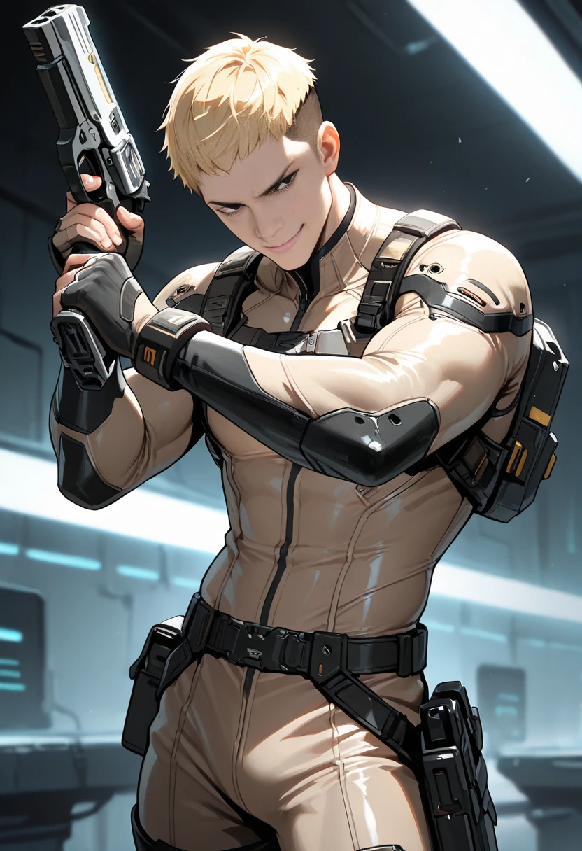 an anime-style illustration man with robotic arm.blonde,short hair. military clothing.beautiful. delicate.