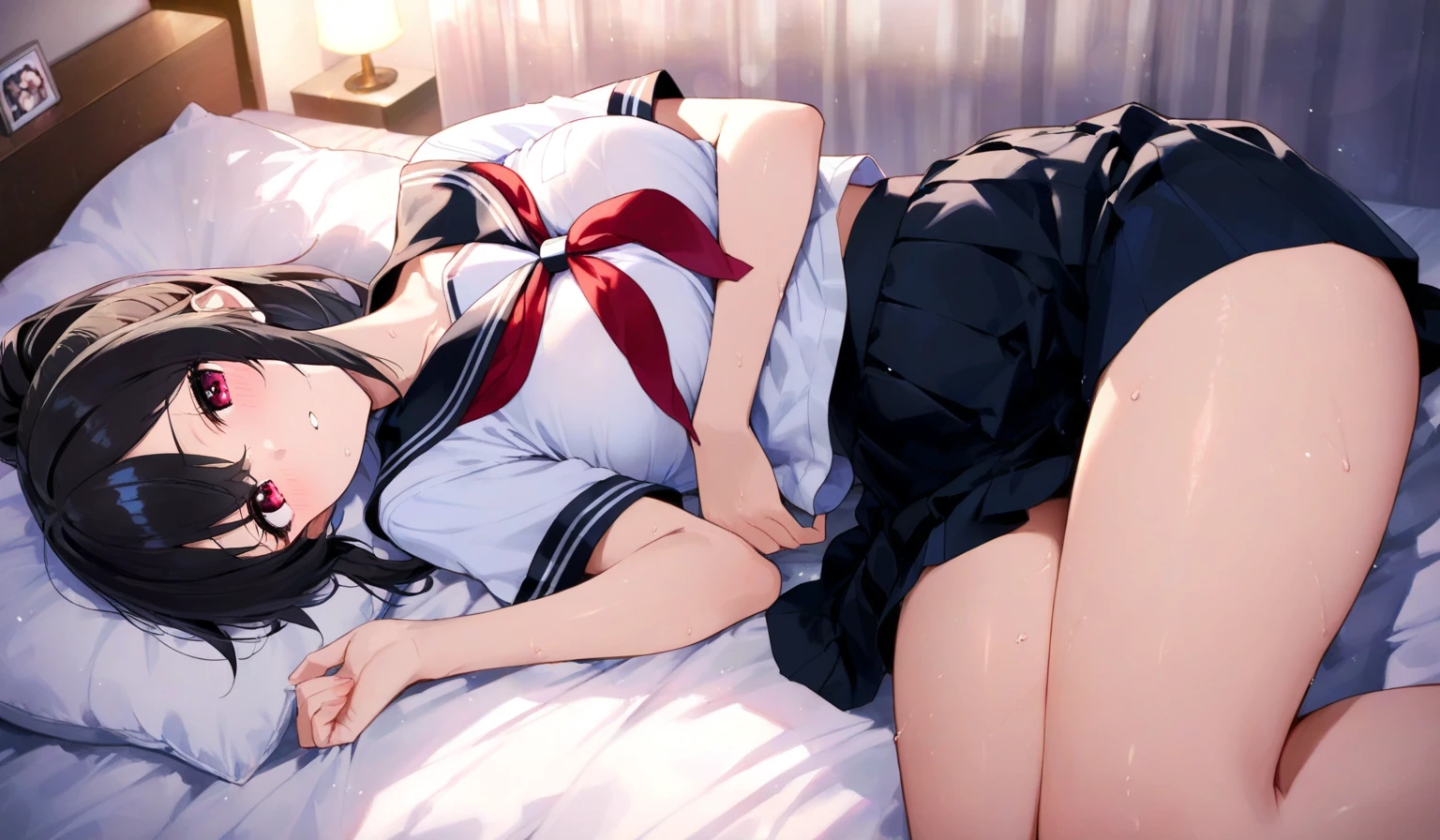 (8k, best quality, tmasterpiece:1.2),\(eye detailed\),\(Facial features\),(\(Clothes detail details\)\),(1 girl:1.3),17 years old,solo,full body,long wave hair,black hair,shiny hair,(eyes closed:1.3),(/sleeping girl:1.4)/,closed the mouth.(the girl is sleeping in the bed:1.5),????????????,??????? sagging,(wearing school uniform:1.2),dark blue shirt and dark blue skirt,(faintly visible cute pink ?????????：1.3).(bed is the hospital stretcher bed),(the background is School medical room),(Lying down and falling asleep, she fell into a deep sleep and closed her eyes:1.3)