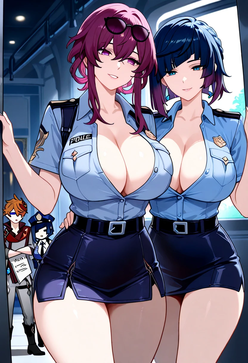 （8K ，Ultra-detailed，Super real photos，Best masterpiece，Nature，perfect work of art，perfect female body），two women，Sister and sister， sisters，rainbow hair，perfect face，（huge tits），neighbor wife，woman hairstyle，elegant wife，At the police station，Exquisite and ，wearing police officer uniform，police uniform，super short thong，穿着低胸露肩police uniform，T-shaped small，huge  big，naked leg，full body shot，elastic muscles，raised raised raised，Obscenity exposed
