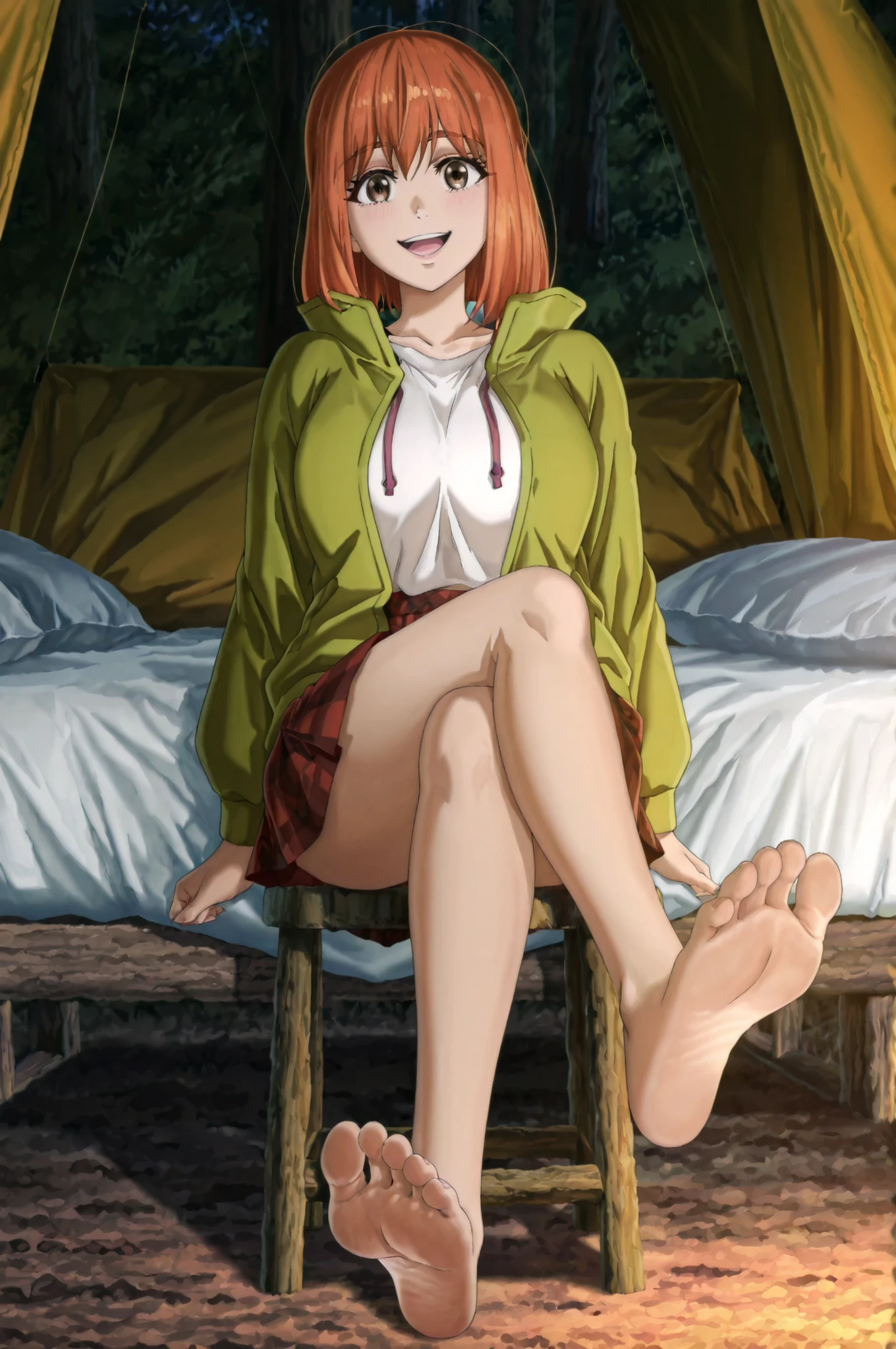 anime screencap, anime coloring, detailed face, masterpiece, best quality, very aesthetic, absurdres, official style, official art, amazing quality, ultra detailed, highres, scenery, beautiful detailed hair, beautiful detailed eyes,   Shizuku Kusano (character), 1girl, solo, red plaid skirt, green jacket, short hair, orange hair, brown eyes, looking at the viewer, smile, outdoors, next to a tent, looking at the viewer, pink pullstrings, open clothing, , happy girl, open mouth,

, ,with the anime-style illustration emphasizing quiet stillness through meticulous lighting and texture details. ,soft lighting, anime style, masterpiece,beautiful, emotional,, cool color palette, beautiful illustration,,masterpiece, best quality, amazing quality, anime screencap,static pose, bed,Alone,,barefoot,egyptian feet,each foot has exactly five toes, ,  detailed feet, natural skin tone, realistic anatomy,perfect feet,toe spreading, subtle wrinkles of  Soles ,sitting on round wooden stool,crossed legs, , soles, toes, 