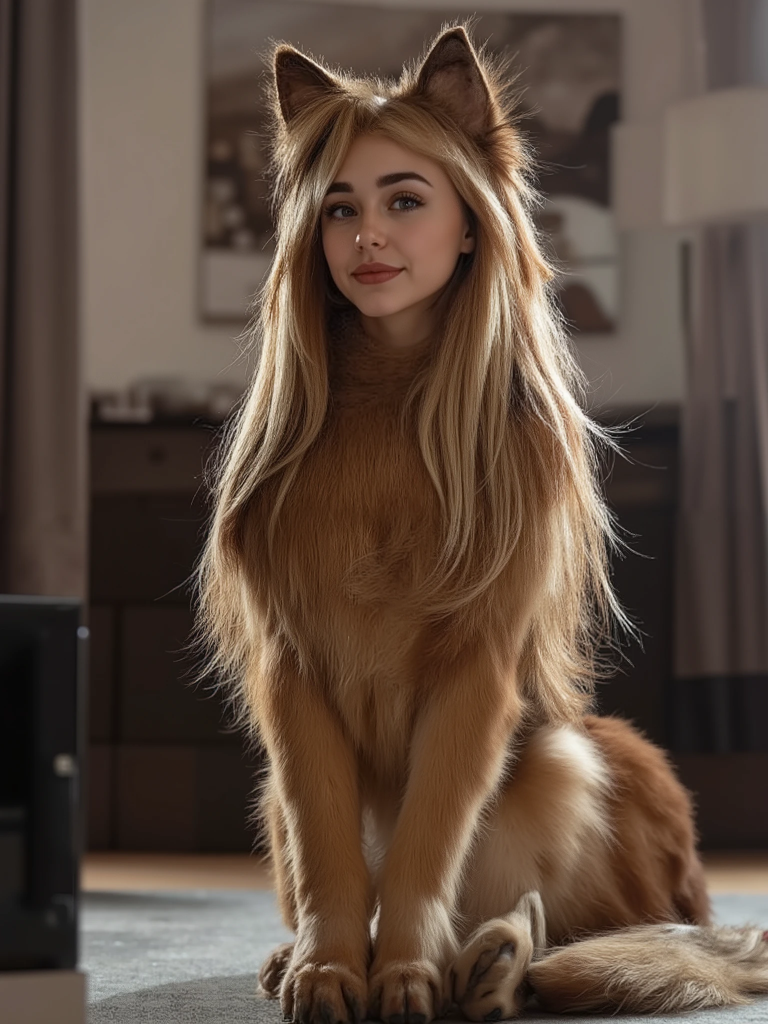 (masterpiece, High Quality, high resolution hairstyle, Hyperrealistic photograph), majestic female anthropomorphic German shepherd, hybrid creature standing on all four legs, humanized canine anatomy in elegant posture, beautiful female face with delicate features, long, silky blond hair falling on the shoulders, German shepherd ears crowning the head, bright and expressive canine eyes, body completely covered with soft shiny fur, long and elegant tail that moves to maintain balance, height proportional to an adult woman, defined muscles under the fur, proud and elegant posture, Flirty and happy. Modern home interior, LED lighting creating sharp shadows and dramatic contrasts, detailed realistic textures, perfect details of hair and skin, 8K, professional lighting, balanced composition, depth of field