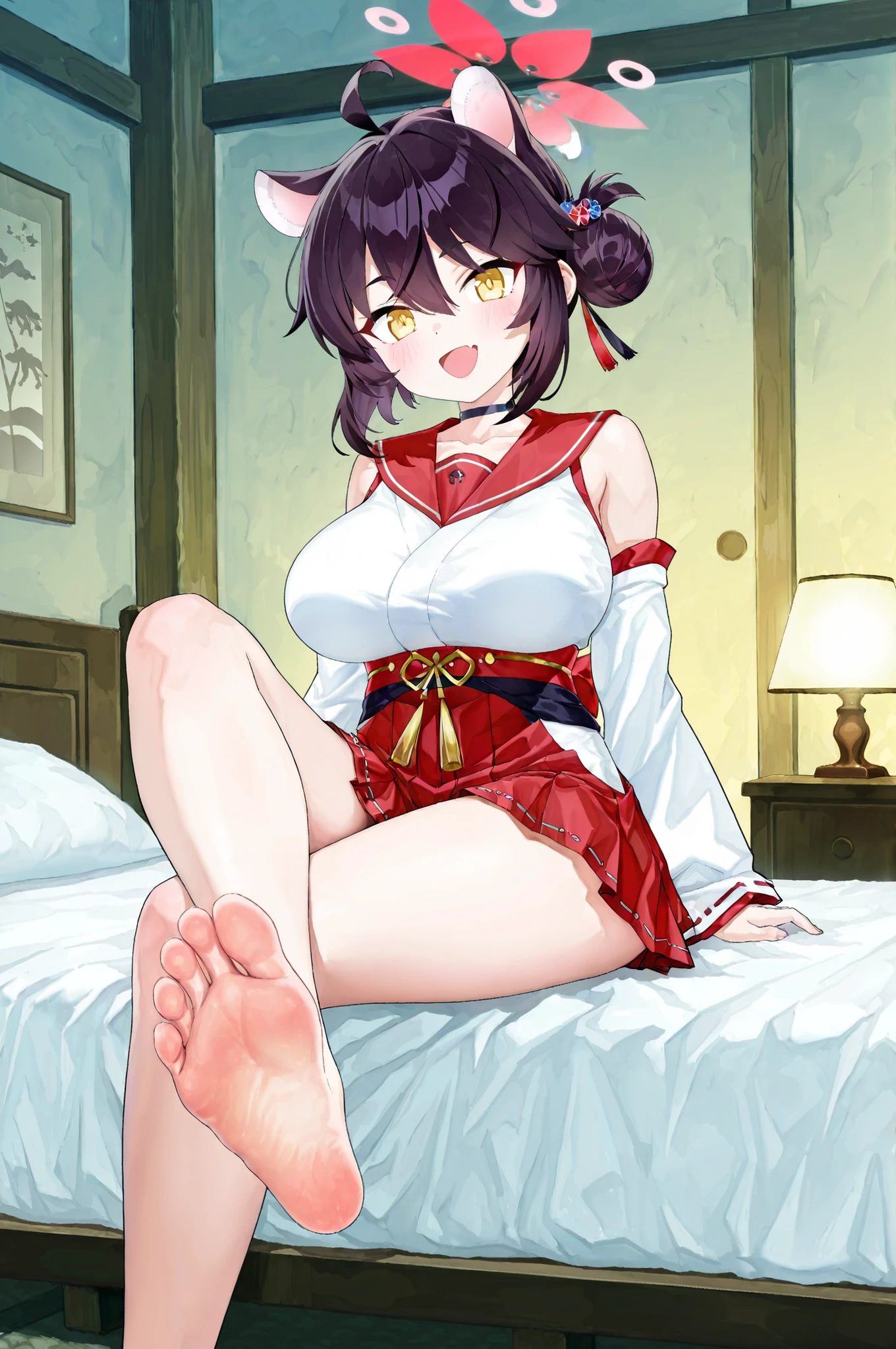 kaede \(blue archive\),1girl, detached_sleeves, halo, solo, ahoge, large_breasts, red_sailor_collar, , single_side_bun, blush, red_skirt, skin_fang, looking_at_viewer, red_hakama, nontraditional_miko, ribbon-trimmed_sleeves, open_mouth, hakama_short_skirt, pleated_skirt, obi
halo. gorgeous,key visual, vibrant, studio anime,award-winning, professional, highly detailed,high budget, cinemascope,, ,with the anime-style illustration emphasizing quiet stillness through meticulous lighting and texture details. ,soft lighting, anime style, masterpiece,beautiful, emotional, watercolor texture, cool color palette, beautiful illustration,,masterpiece, best quality, amazing quality, anime screencap,static pose, Alone,,barefoot,roman feet,each foot has exactly five toes, , detailed feet, natural skin tone, realistic anatomy,perfect feet,toe spreading, subtle wrinkles of Soles ,sitting on a bed,crossed legs, , soles, toes, blush