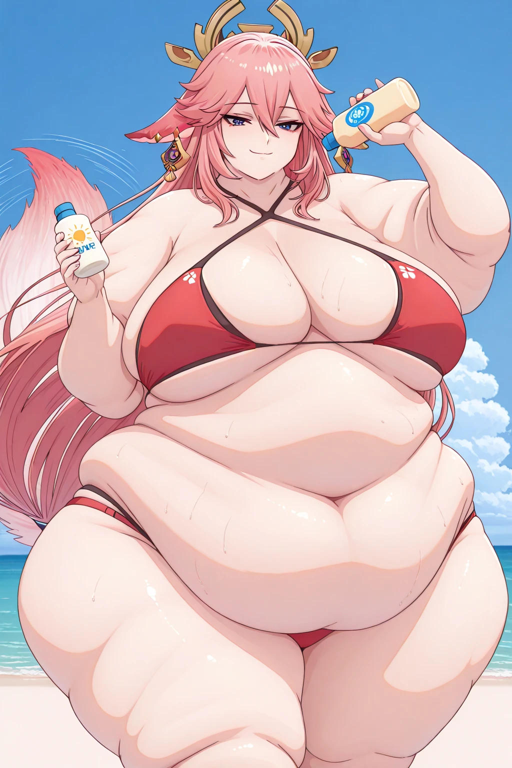 art by kipteitei, 1girl, small ?????, massive round fat jiggly belly, bigger thighs, twintails
artificial eye, pink tattoo
colored sclera
red sclera
bra, panties, beach, chubby (best quality, masterpiece)