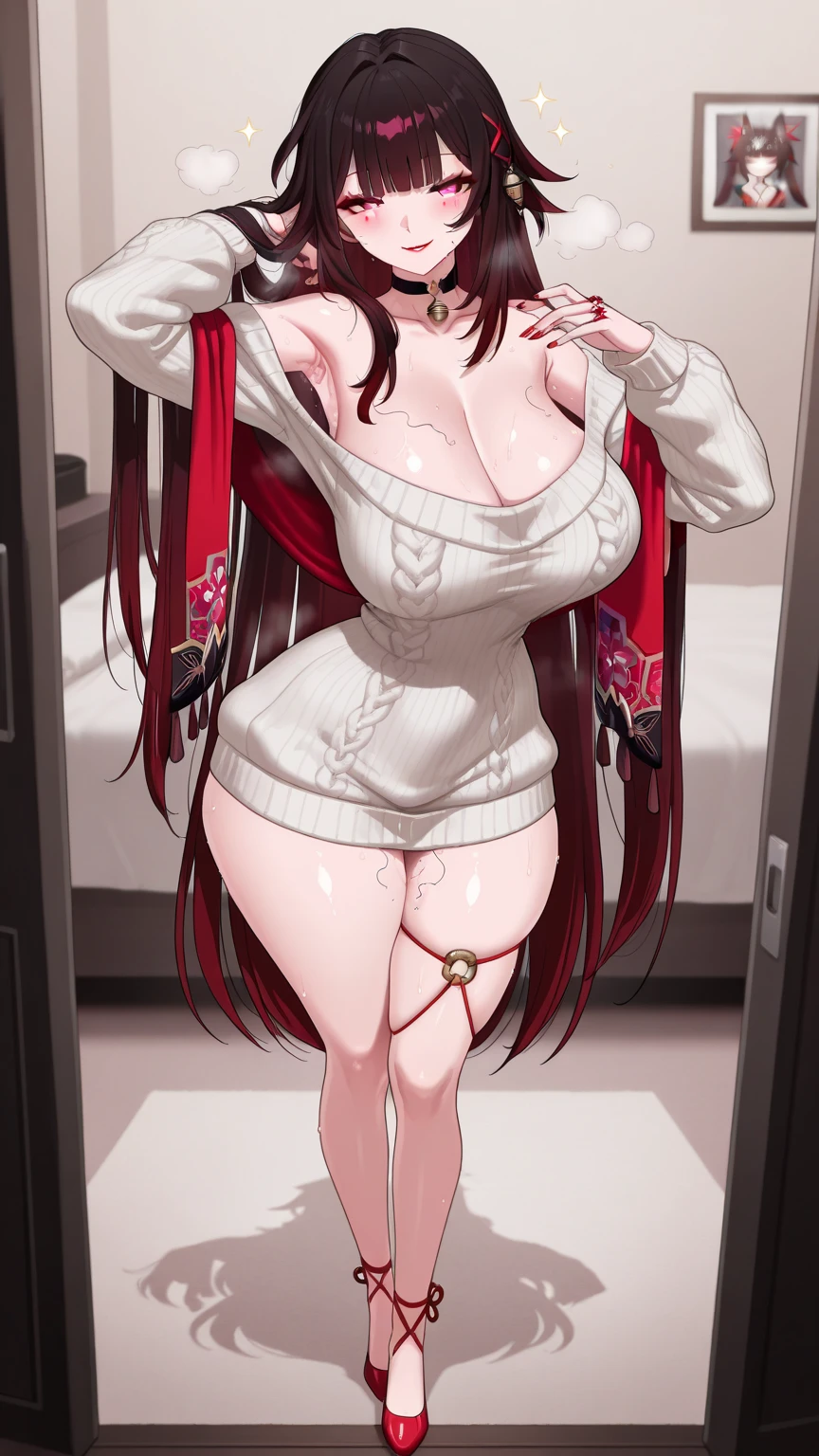 masterpiece, best quality, perfect lighting, portrait of Erza Scarlet in her 20s, Fairy Tail, serious, topless, braless, nipples, jewelry, high heels, squatting, spread legs, Fairy Tail background,  <lora:shirtLift:1>