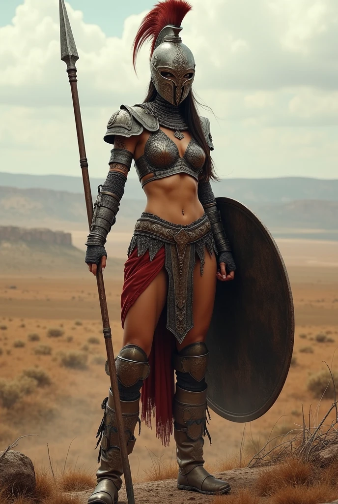 beautiful and sexy cuman woman, wearing cuman mask and armor with exposed underboobs and bare waist and navel, readying her spear and shield, 