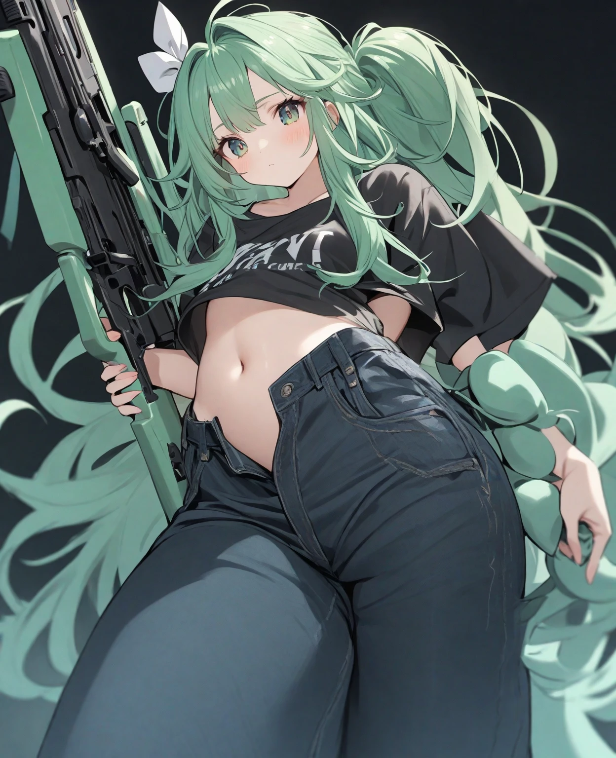 masterpiece, best quality, Izumi\(digimon\),hair over one eye, green eyes,green hair, long hair, 1girl, solo, team rocket,team rocket uniform, red letter R, white skirt,white crop top,black thigh-highs,black elbow gloves, cat hat