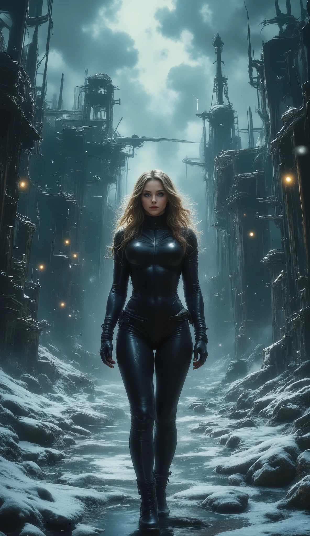 beautiful, sexy, sensual, tall, long brown-haired, 20-year-old TikTok model girl with long, slender legs, a thin waist, broad shoulders, large breast, Black form-fitting rubber diving suit that emphasizes her perfect figure, and High-heeled black leather boots that highlight her graceful, slender ankles, in the background, ruins of an abandoned Russian nuclear bunker built in the 1950s, cracked concrete, protruding steel bars, on the coast of the North Sea, rusty metal machine wreckage in the foreground, winter snowfall, fog, dull lights, gloomy storm clouds, apocalyptic, oppressive atmosphere, elaborate small Ruins of an abandoned Russian lighthouse built in the 1950s on the northern coast of the sea dark night Winter snowfall Dull lights Gloomy storm clouds