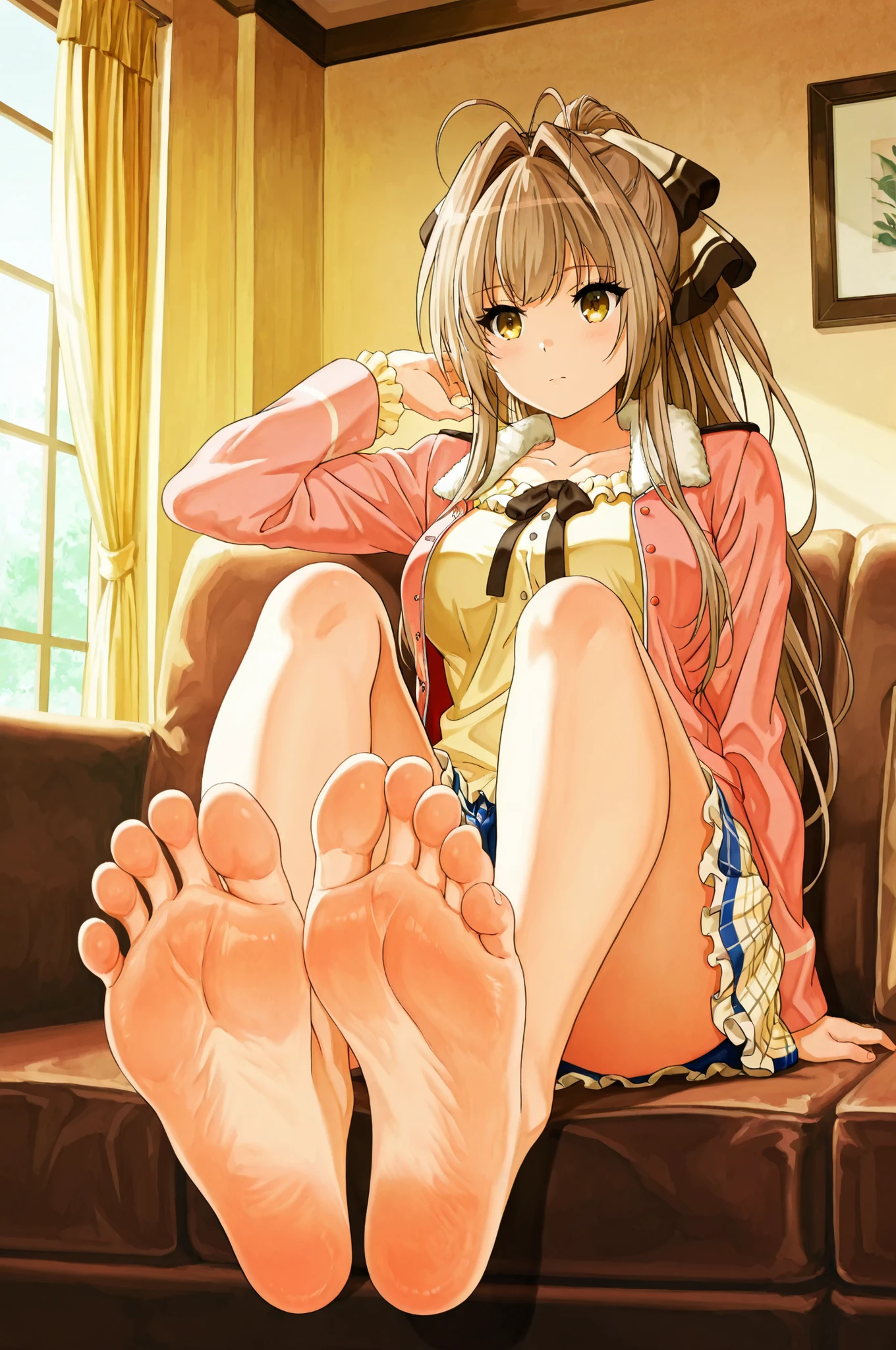Sento isuzu/Casual2, frilled shirt, yellow shirt, long sleeves, blue skirt, plaid skirt
SentoCasual, open jacket, pink jacket, fur trim, pink shirt, long sleeves, yellow skirt, , ,with the anime-style illustration emphasizing quiet stillness through meticulous lighting and texture details. ,soft lighting, anime style, masterpiece,beautiful, emotional, watercolor texture, cool color palette, beautiful illustration,,masterpiece, best quality, amazing quality, anime screencap, Alone,,barefoot,greek feet,each foot has exactly five toes, ,  detailed feet, natural skin tone, realistic anatomy,perfect feet,toe spreading, subtle wrinkles of  Soles ,foot focus, foreshortening, sitting, couch, long hair, medium breasts, , , soles, toes, 