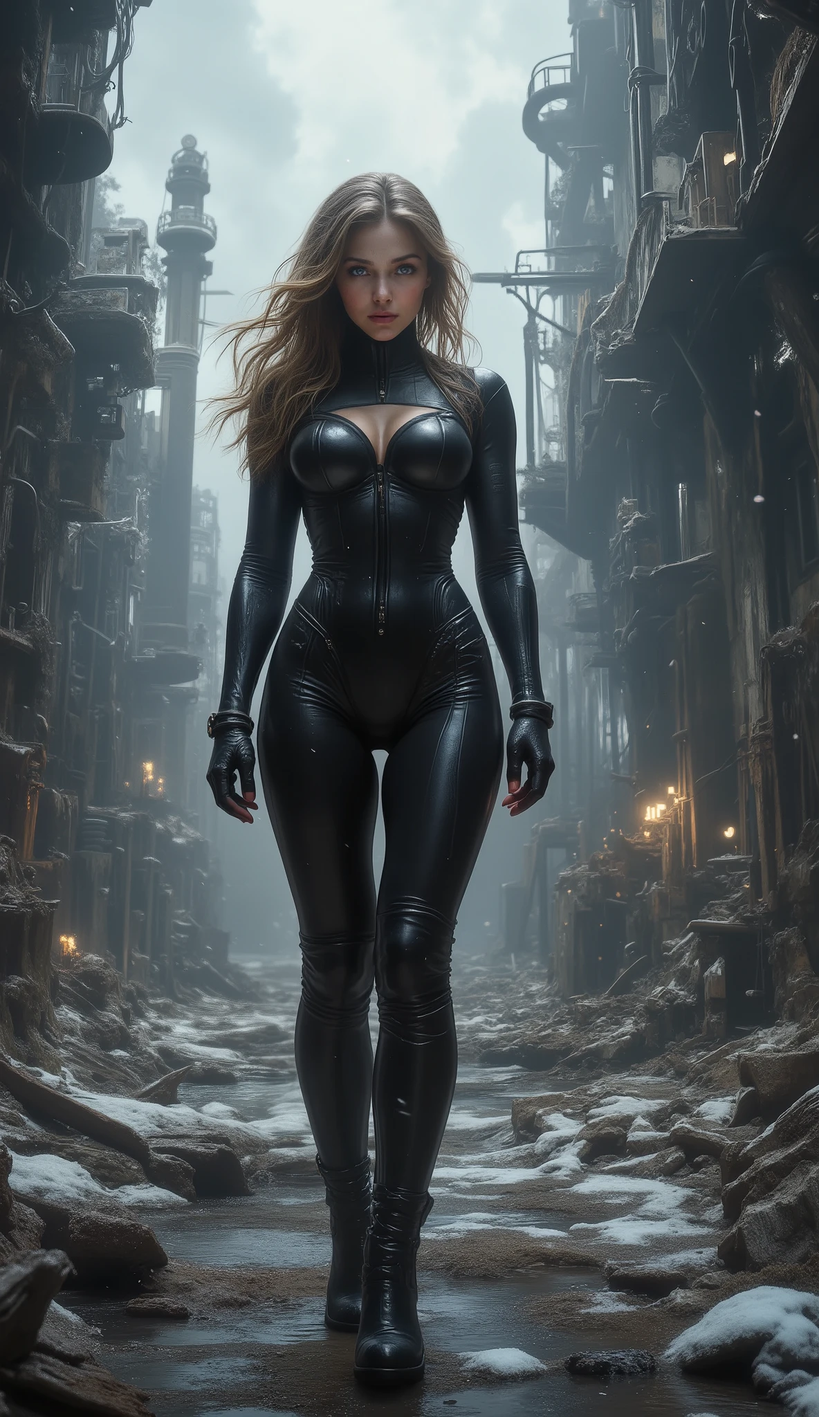 beautiful, sexy, sensual, tall, long brown-haired, 20-year-old TikTok model girl with long, slender legs, a thin waist, broad shoulders, large breast, Black form-fitting rubber diving suit that emphasizes her perfect figure, and High-heeled black leather boots that highlight her graceful, slender ankles, in the background, ruins of an abandoned Russian nuclear bunker built in the 1950s, cracked concrete, protruding steel bars, on the coast of the North Sea, rusty metal machine wreckage in the foreground, winter snowfall, fog, dull lights, gloomy storm clouds, apocalyptic, oppressive atmosphere, elaborate small Ruins of an abandoned Russian lighthouse built in the 1950s on the northern coast of the sea dark night Winter snowfall Dull lights Gloomy storm clouds