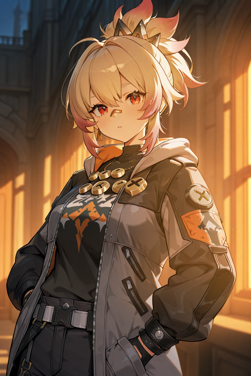 highest quality, masterpiece, very detailed hands, 1girl, flat chest, ((blonde short hair)), purple eyes, ((long grey jacket)), black medium long shorts, black boots, smal horns, smiling