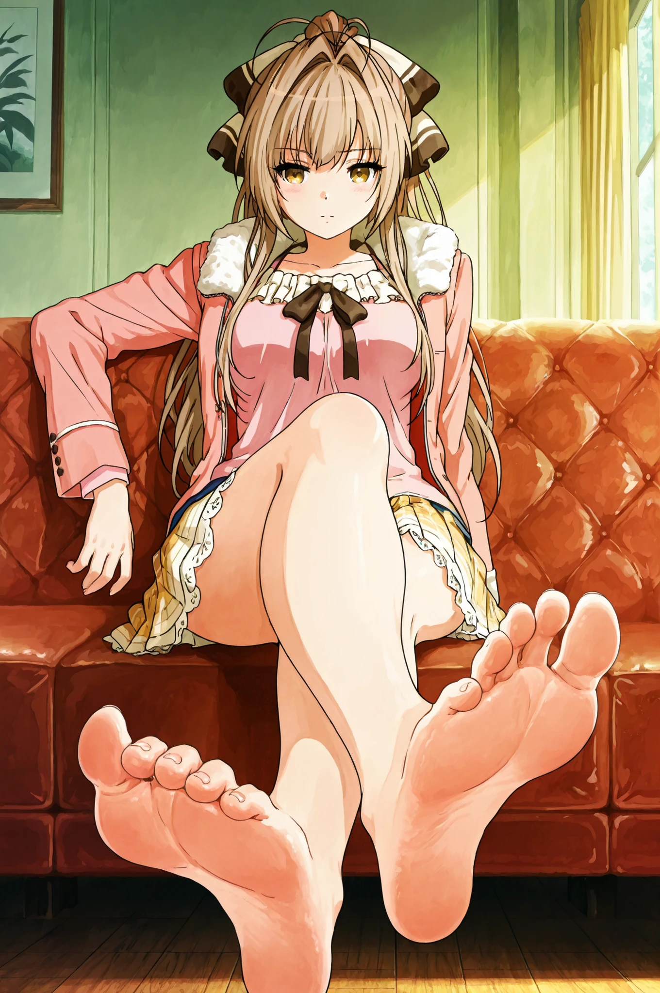 Sento isuzu/Casual2, frilled shirt, yellow shirt, long sleeves, blue skirt, plaid skirt
SentoCasual, open jacket, pink jacket, fur trim, pink shirt, long sleeves, yellow skirt, , ,with the anime-style illustration emphasizing quiet stillness through meticulous lighting and texture details. ,soft lighting, anime style, masterpiece,beautiful, emotional, watercolor texture, cool color palette, beautiful illustration,,masterpiece, best quality, amazing quality, anime screencap, Alone,,barefoot,greek feet,each foot has exactly five toes, ,  detailed feet, natural skin tone, realistic anatomy,perfect feet,toe spreading, subtle wrinkles of  Soles ,foot focus, foreshortening, sitting, couch, long hair, medium breasts, crossed legs, , soles, toes, 