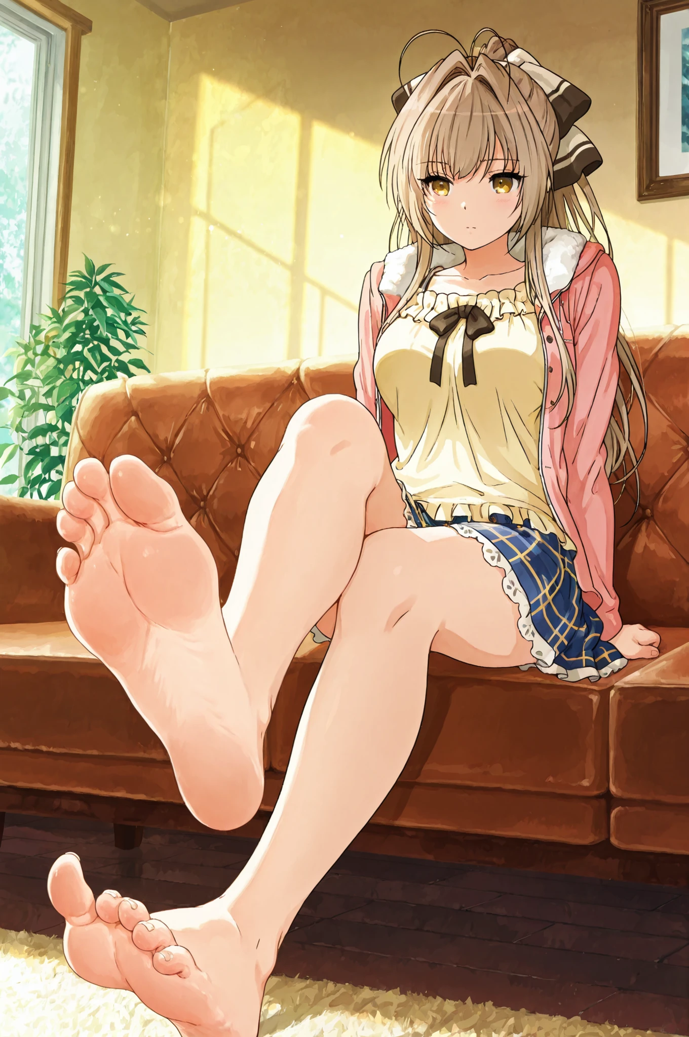 Sento isuzu/Casual2, frilled shirt, yellow shirt, long sleeves, blue skirt, plaid skirt
SentoCasual, open jacket, pink jacket, fur trim, pink shirt, long sleeves, yellow skirt, , ,with the anime-style illustration emphasizing quiet stillness through meticulous lighting and texture details. ,soft lighting, anime style, masterpiece,beautiful, emotional, watercolor texture, cool color palette, beautiful illustration,,masterpiece, best quality, amazing quality, anime screencap, Alone,,barefoot,greek feet,each foot has exactly five toes, ,  detailed feet, natural skin tone, realistic anatomy,perfect feet,toe spreading, subtle wrinkles of  Soles ,foot focus, foreshortening, sitting, couch, long hair, medium breasts, crossed legs, , soles, toes, 
