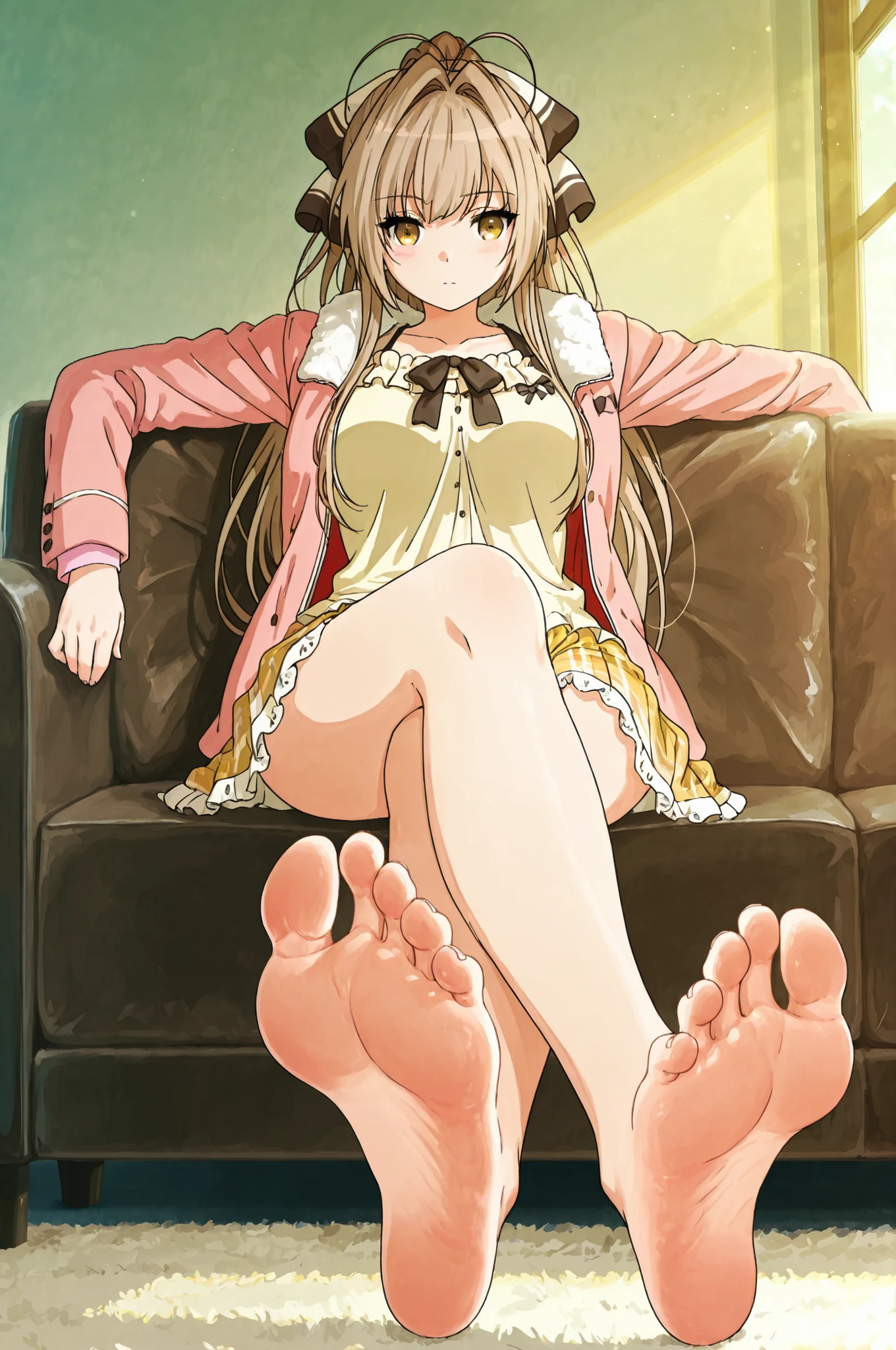 Sento isuzu/Casual2, frilled shirt, yellow shirt, long sleeves, blue skirt, plaid skirt
SentoCasual, open jacket, pink jacket, fur trim, pink shirt, long sleeves, yellow skirt, , ,with the anime-style illustration emphasizing quiet stillness through meticulous lighting and texture details. ,soft lighting, anime style, masterpiece,beautiful, emotional, watercolor texture, cool color palette, beautiful illustration,,masterpiece, best quality, amazing quality, anime screencap, Alone,,barefoot,greek feet,each foot has exactly five toes, ,  detailed feet, natural skin tone, realistic anatomy,perfect feet,toe spreading, subtle wrinkles of  Soles ,foot focus, foreshortening, sitting, couch, long hair, medium breasts, crossed legs, , soles, toes, 