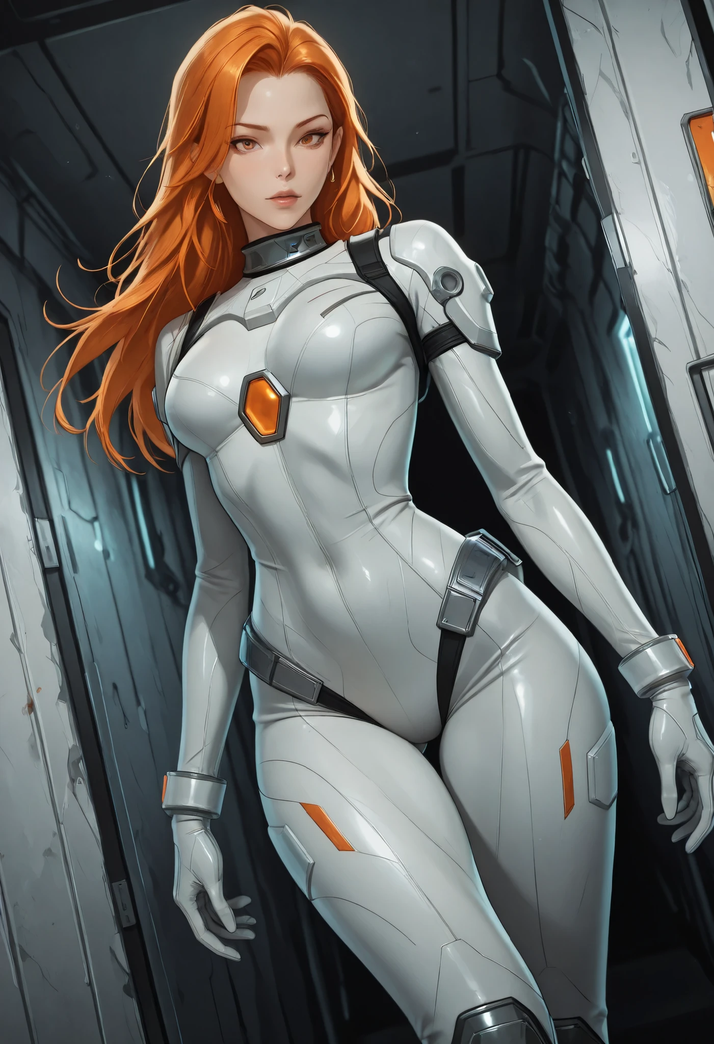 high resolution images, masterpiece, Highest Quality, amazing quality, official art, Highly detailed, Wallpaper, 1 girl, slender, wide hips, (slim thighs), A very attractive and slim woman wearing a tight spacesuit walks through the corridors of an abandoned and decaying space station in a futuristic world. dynamic angle, ((orange accent lines)),