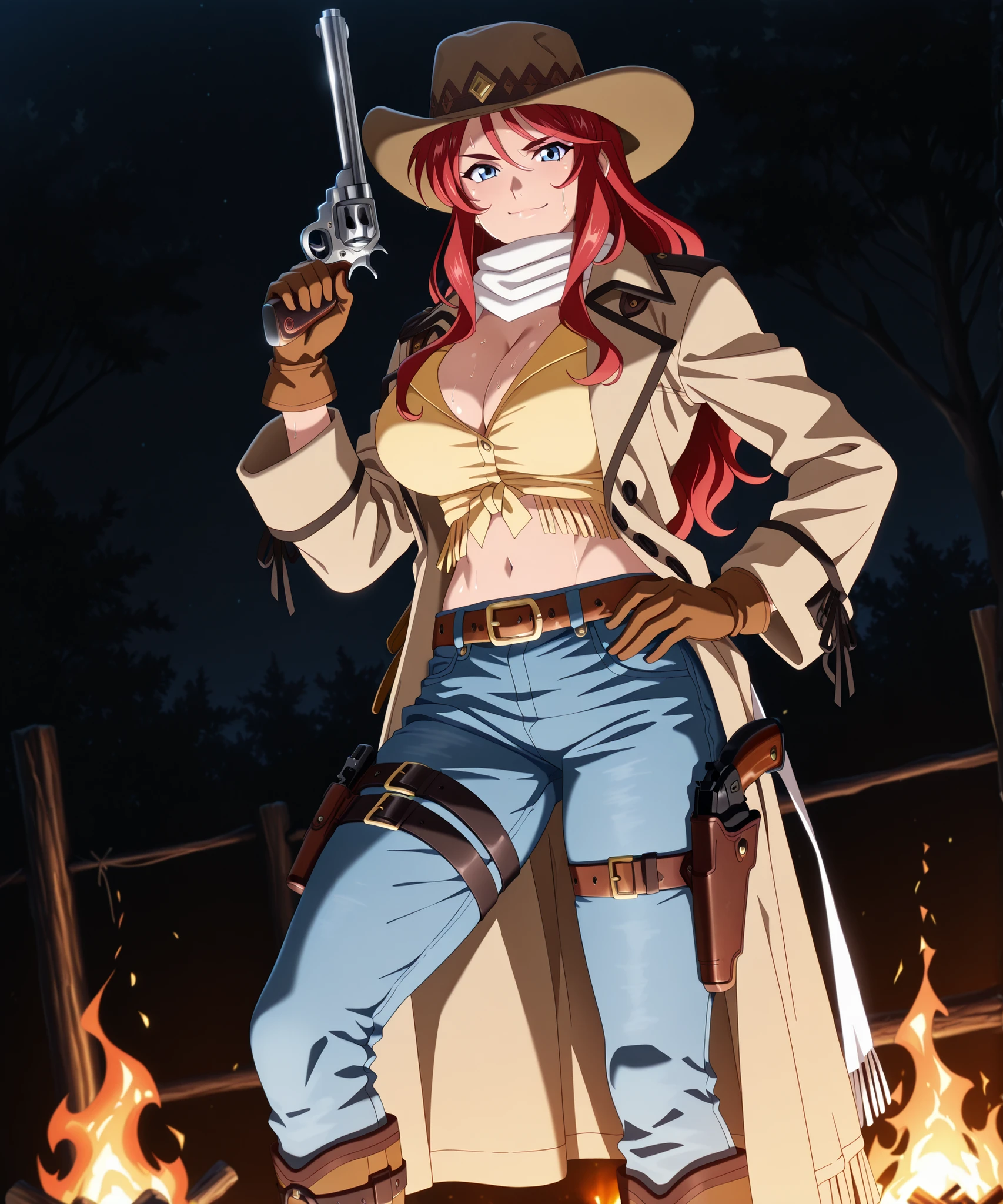 absurdres, amazing quality, best quality, masterpiece, newest, source_anime, anime_screencap, anime coloring, SWNY_Gemini_IL, 1girl, solo,
mature female, (red hair, long hair, hair down, sidelocks), blue eyes, big breasts, muscular body,
SWNY_Gemini_Cowgirl, (headwear, light-brown wide-brim hat, black trim, low hat), (yellow collared shirt, fringe-trim, cleavage, midriff), (white scarf, scarf over mouth), (light-brown long-coat, black shoulder-accents, long-sleeves, open coat), brown gloves, (blue jeans, belt, belt buckle, leg belt, holster), (brown knee-boots),
(firearm, weapon, revolver, pistol, gun),
serious eyebrows, smile, looking at the viewer, (closed mouth), sweat, (holding weapon, holding firearm), hand on hip,
Outdolrs, night time, campfire, black background, dark, light_from_below, dramatic lighting, underlighting,
Side view,