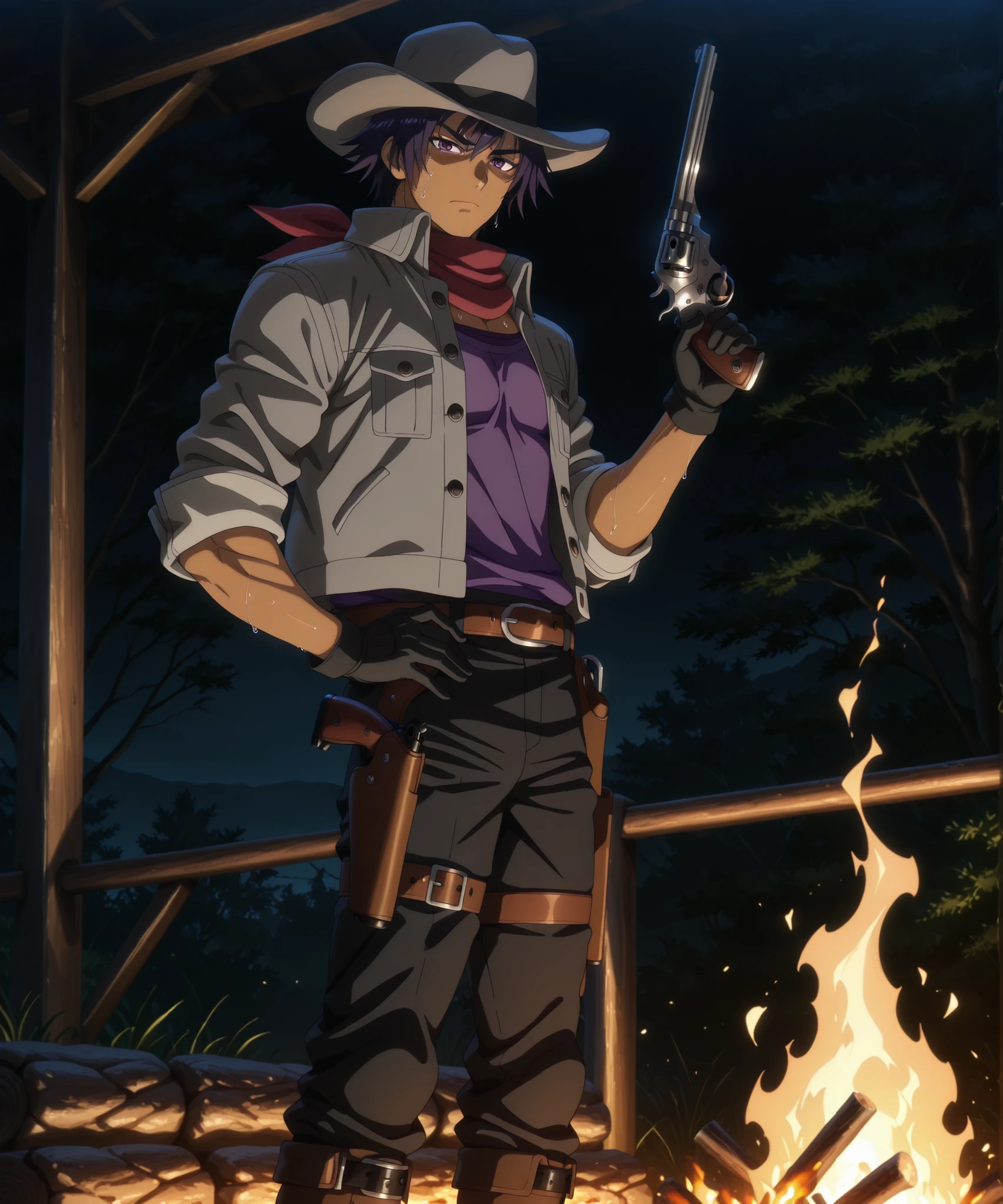 masterpiece, best quality, amazing quality, absurdres, 1boy, solo, source_anime, anime_screencap,
Side view,
RickElwood, mature male, brown skin, short hair, dark-indigo hair, dark-purple eyes, muscular body,
(Gray wide-brim cowboy hat), (dark-red scarf, scarf over mouth), (gray jacket, high-collar), (open jacket, purple undershirt, buttons), black gloves, (belt, belt buckle, holsters), (black pants, leg belt), brown boots,
serious eyebrows, turned head, looking at the viewer, (closed mouth), sweat, (holding firearm, holding weapon), hand on hip,
(firearm, weapon, revolver, pistol, gun),
Outdoors, night time, campfire, black background, dark, light_from_below, dramatic lighting, underlighting,