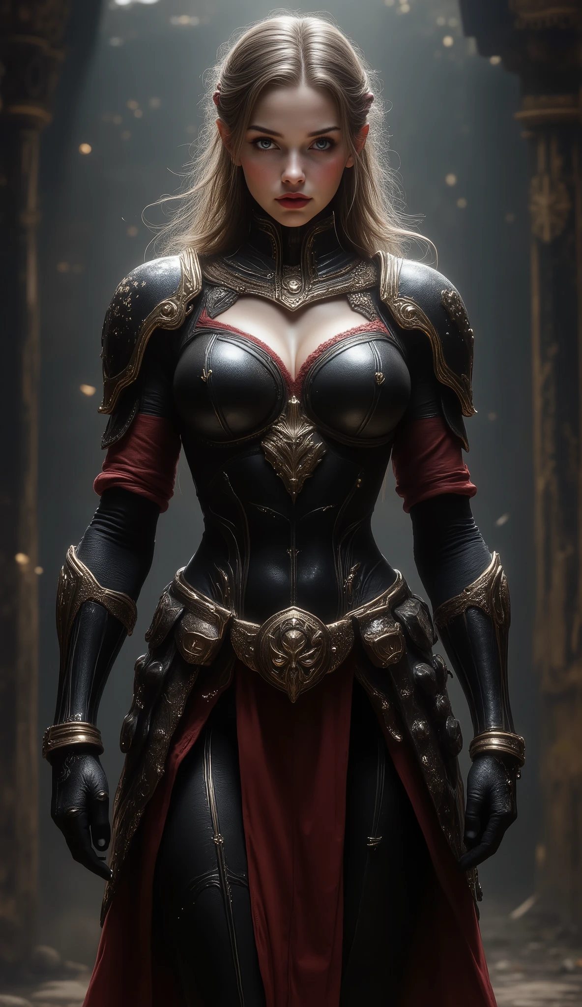 full - body - front - shot An extremely detailed dark fantasy image an extremely curvaceous young woman long brown she holds her hair in a ribbon her face is aristocratic haughty her skin is white her lips are red her legs are long shapely intimidating black power armor inspired by the armor of roman gladiator with scrollwork in metallic gold accents and featuring a high collar or gorget with metallic accents with eagle Aquila symbolism like a science fiction dark fantasy roman legionnaire meets samurai The armor appears to be black with red accents gold trim and combines elements with elements of roman legionnaire armor and samurai armor and has a dramatic slit in the skirts to show off her extremely long legs . The artwork has a realistic quality while maintaining a stylized , fantasy aesthetic . The lighting in the piece creates dramatic shadows and highlights , particularly on the face and armor details . The overall mood of the piece is intense and somewhat dark , fitting for what seems to be a warrior or battle-oriented character .